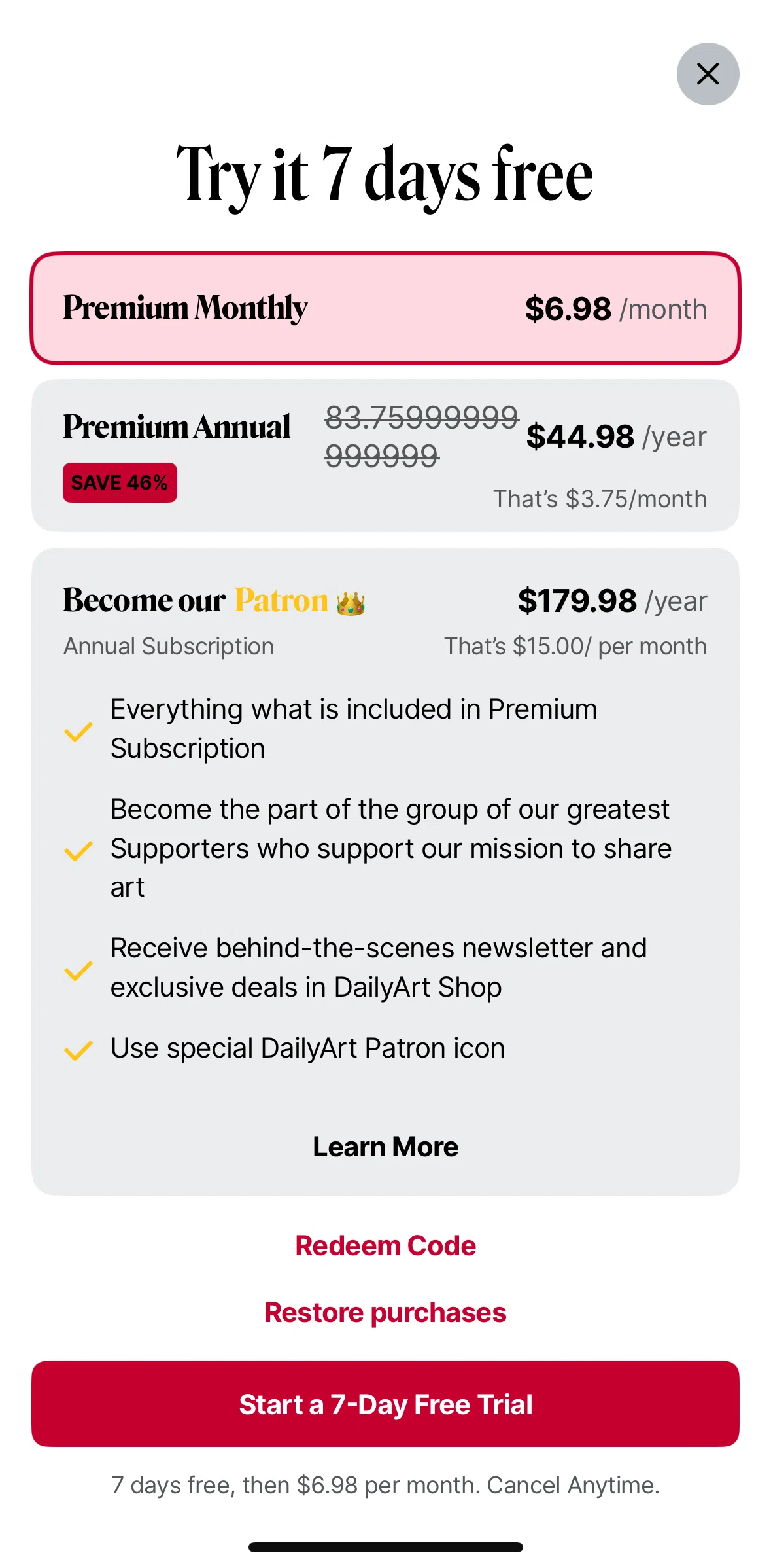 DailyArt Screen screen in the Patron detail flow