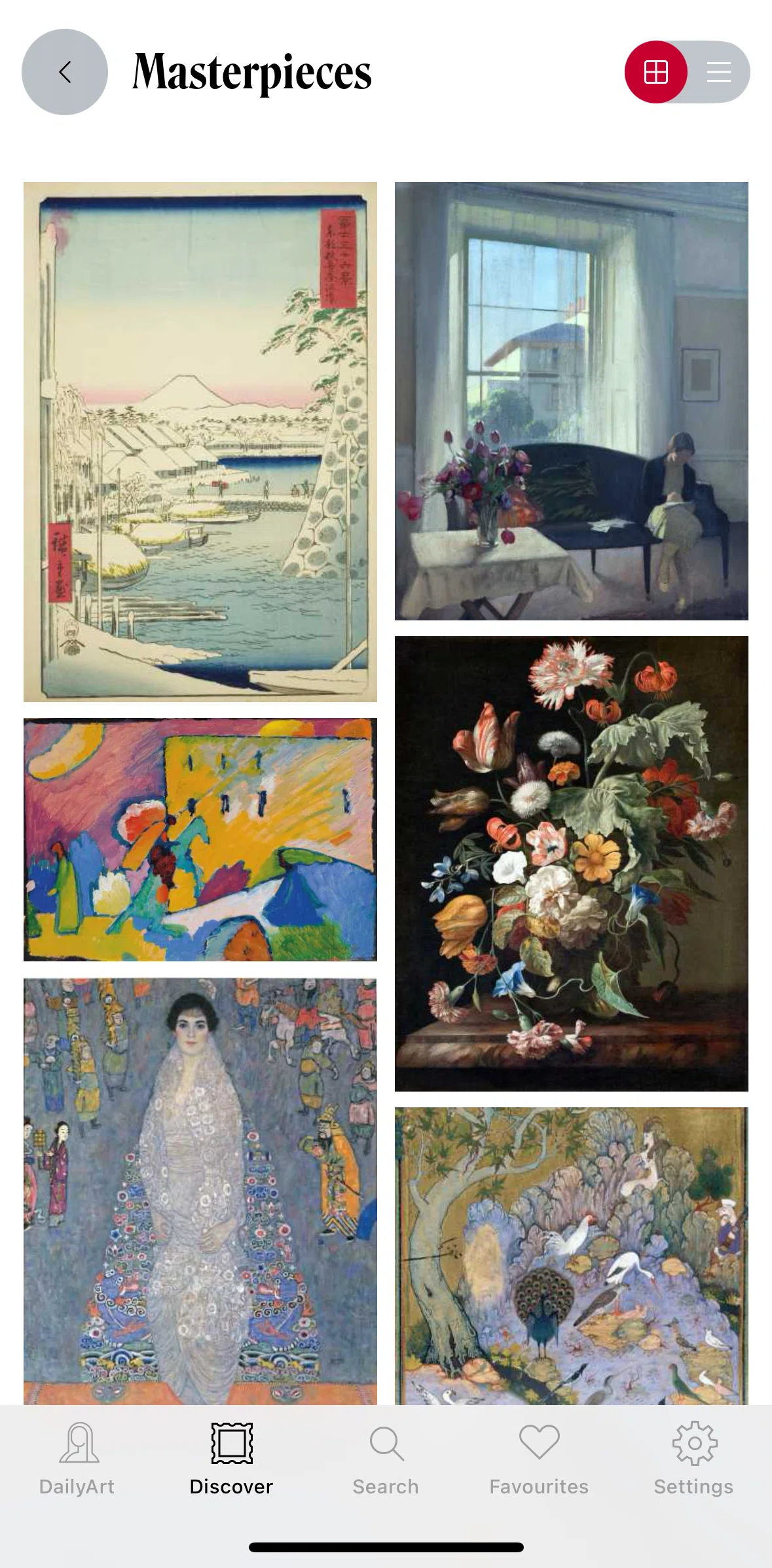 DailyArt Screen screen in the Switching to list view flow
