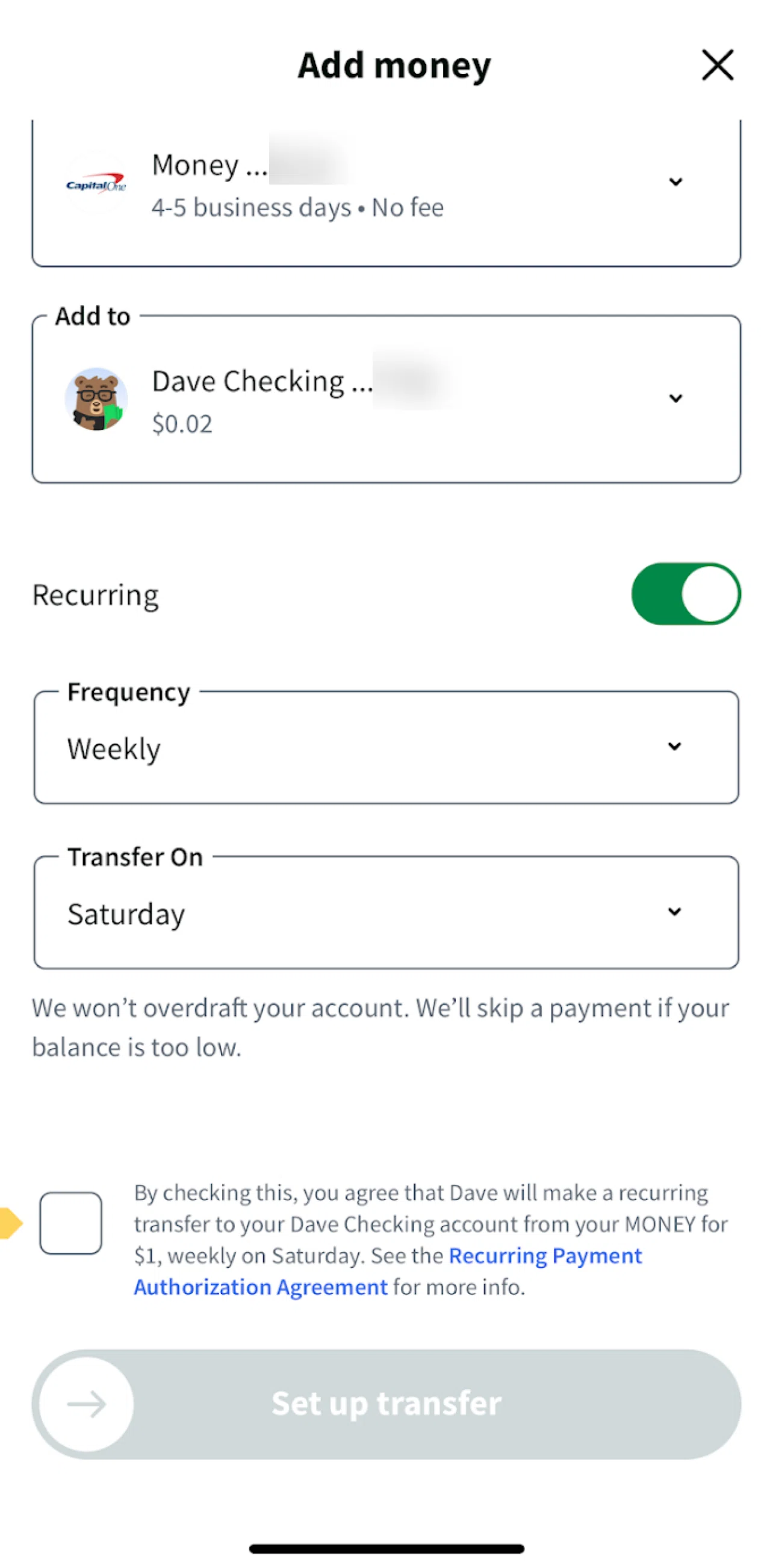 Dave Screen screen in the Canceling recurring transfer flow