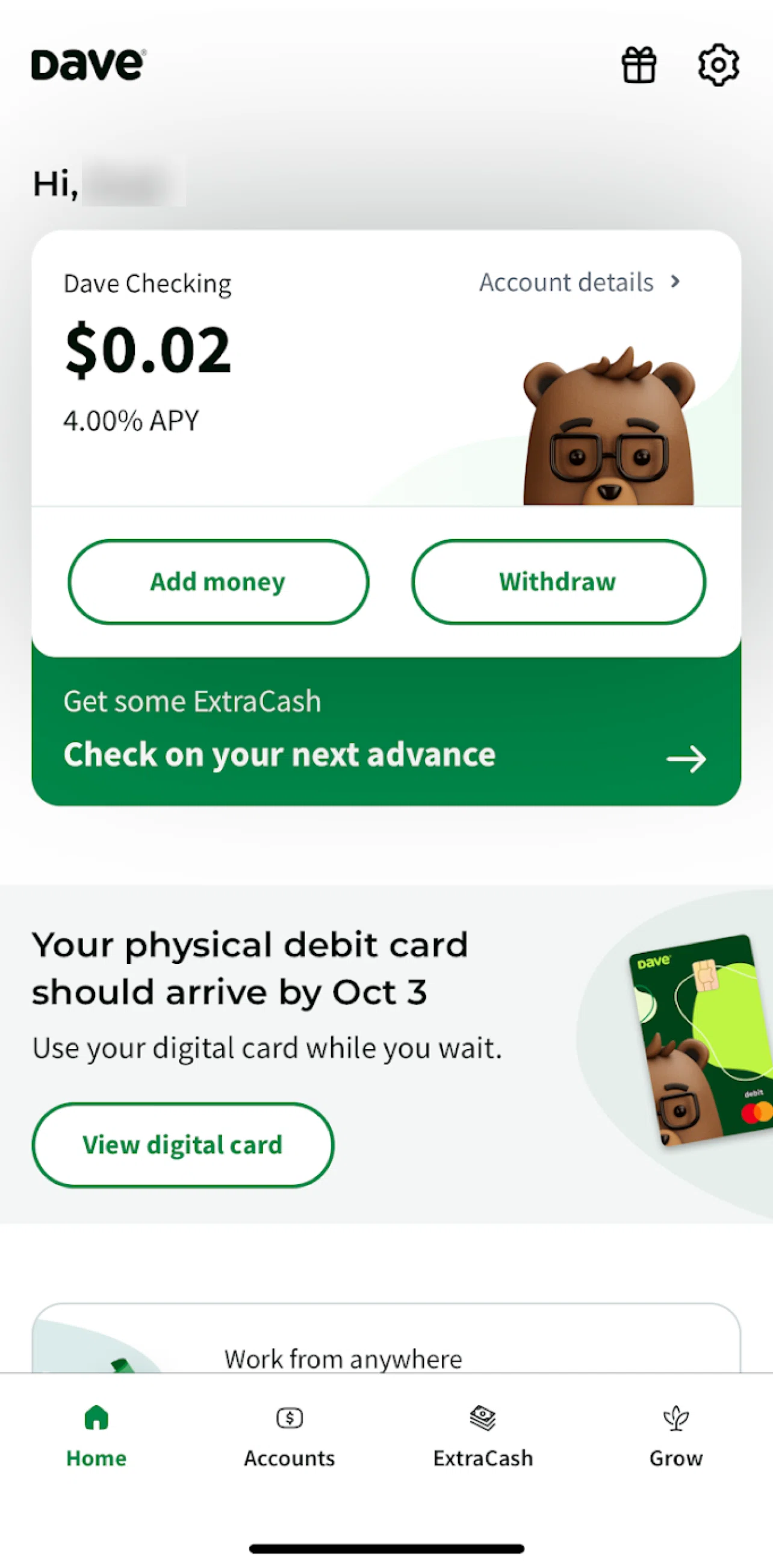 Dave Screen screen in the Cards flow