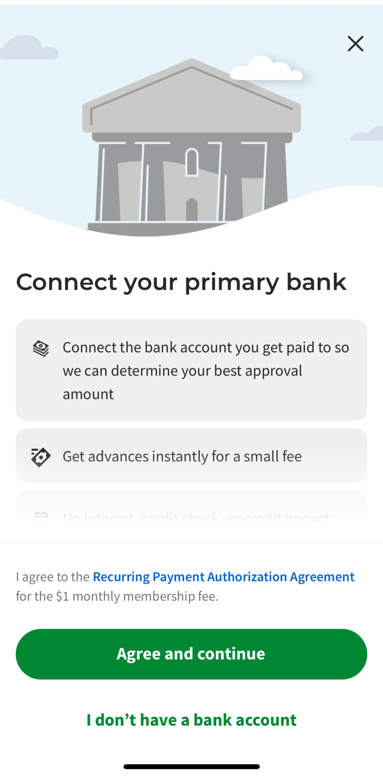 Dave Screen screen in the Connecting bank account flow