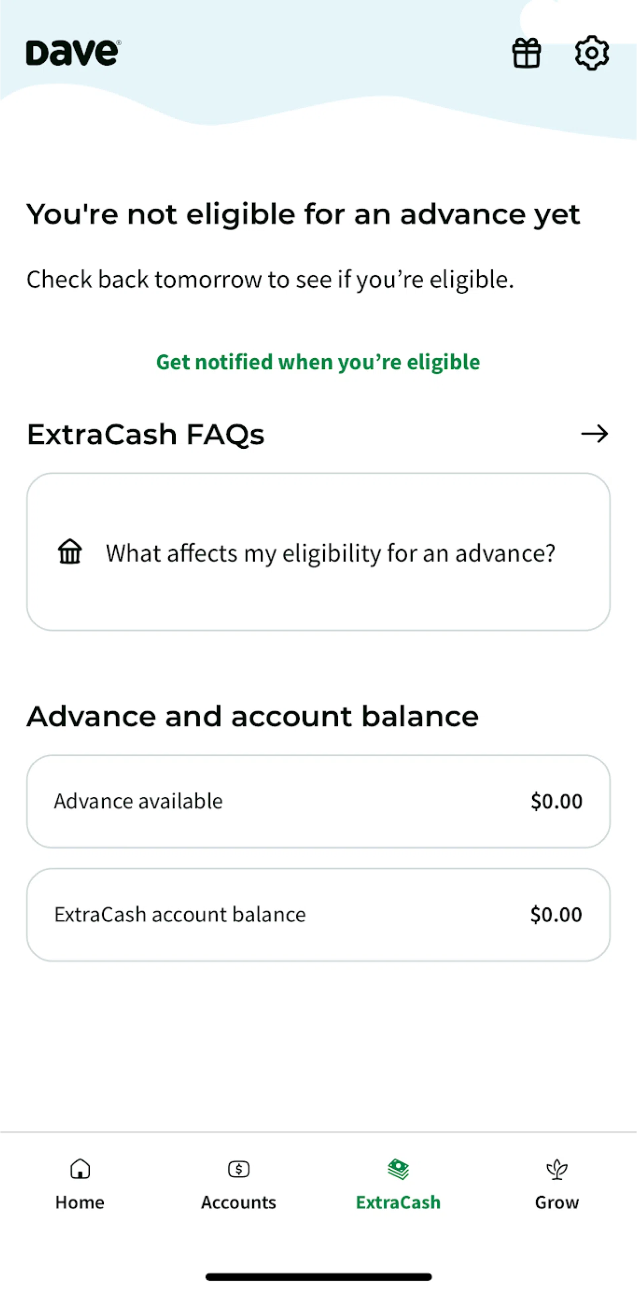 Dave Screen screen in the FAQ flow