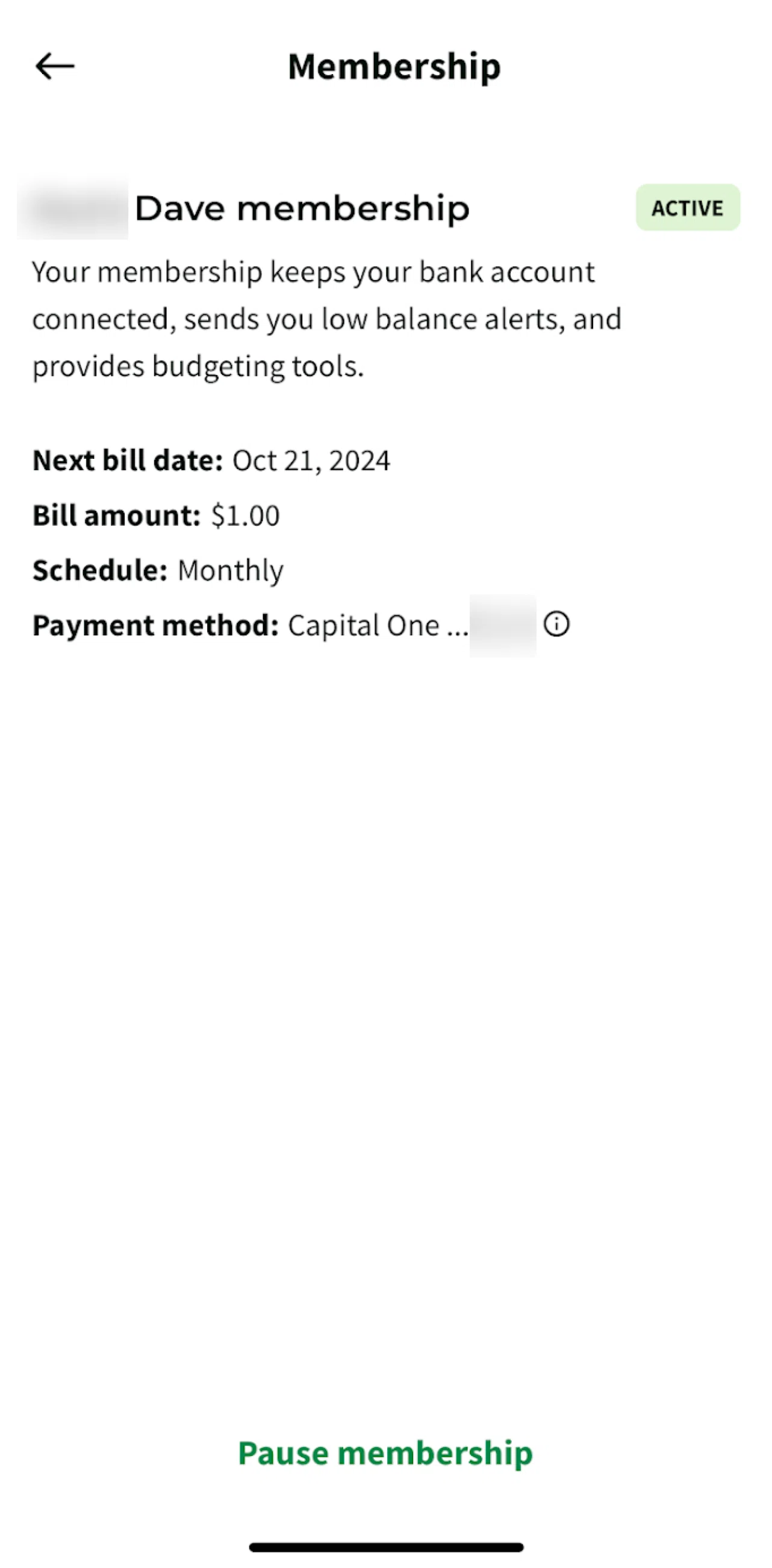 Dave Screen screen in the Pausing membership flow