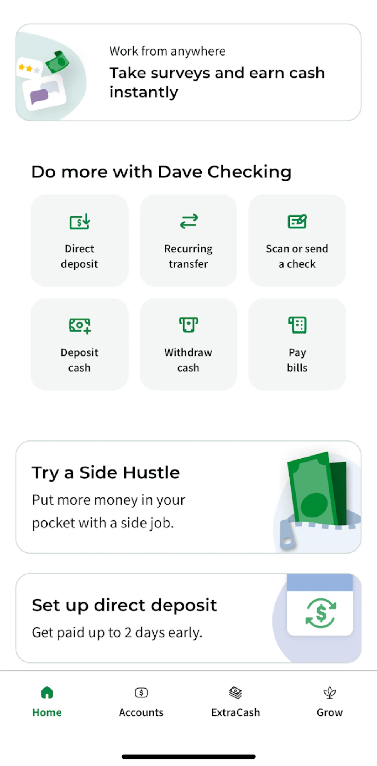 Dave Screen screen in the Pay bills flow