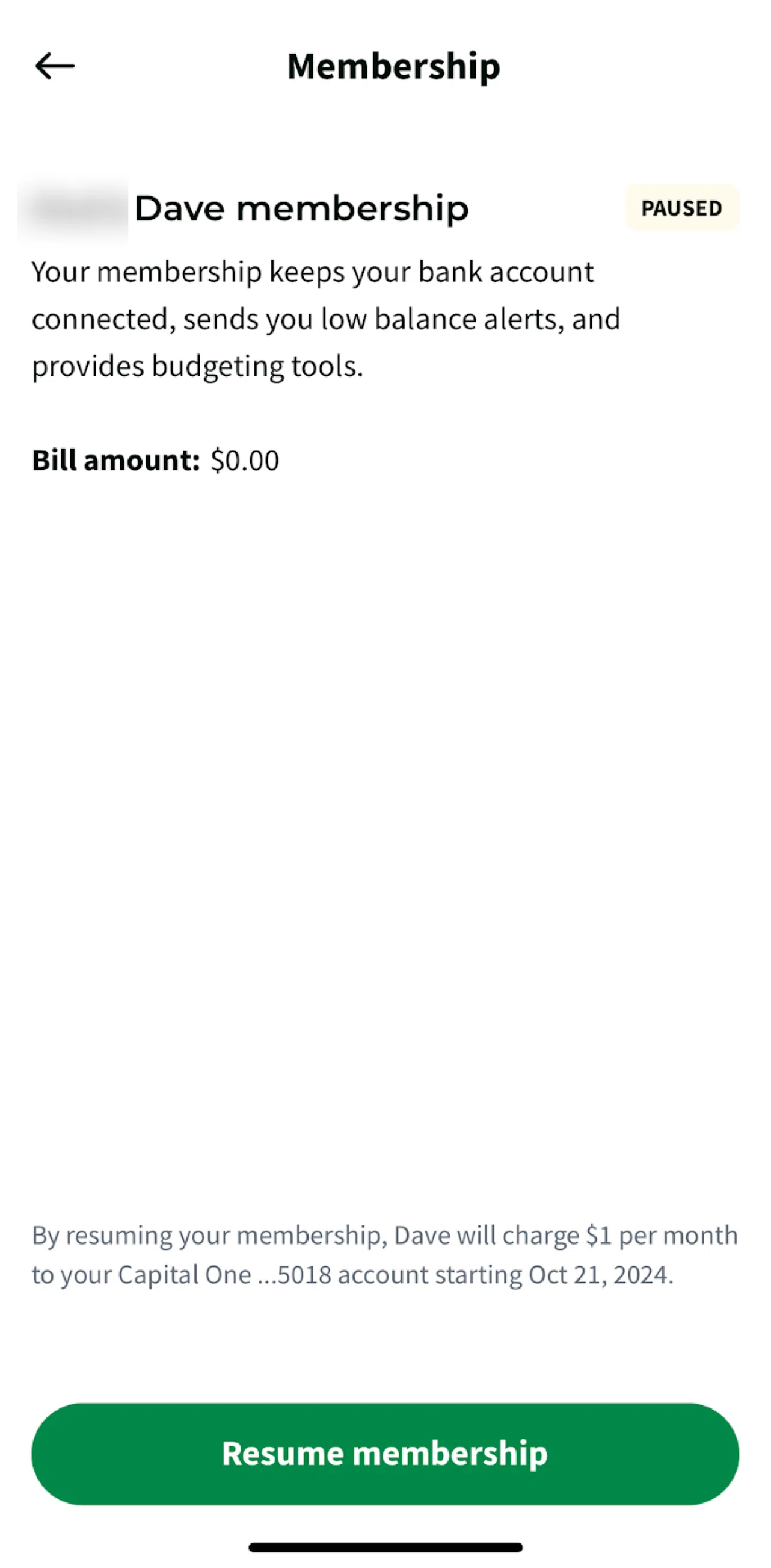 Dave Screen screen in the Resuming membership flow