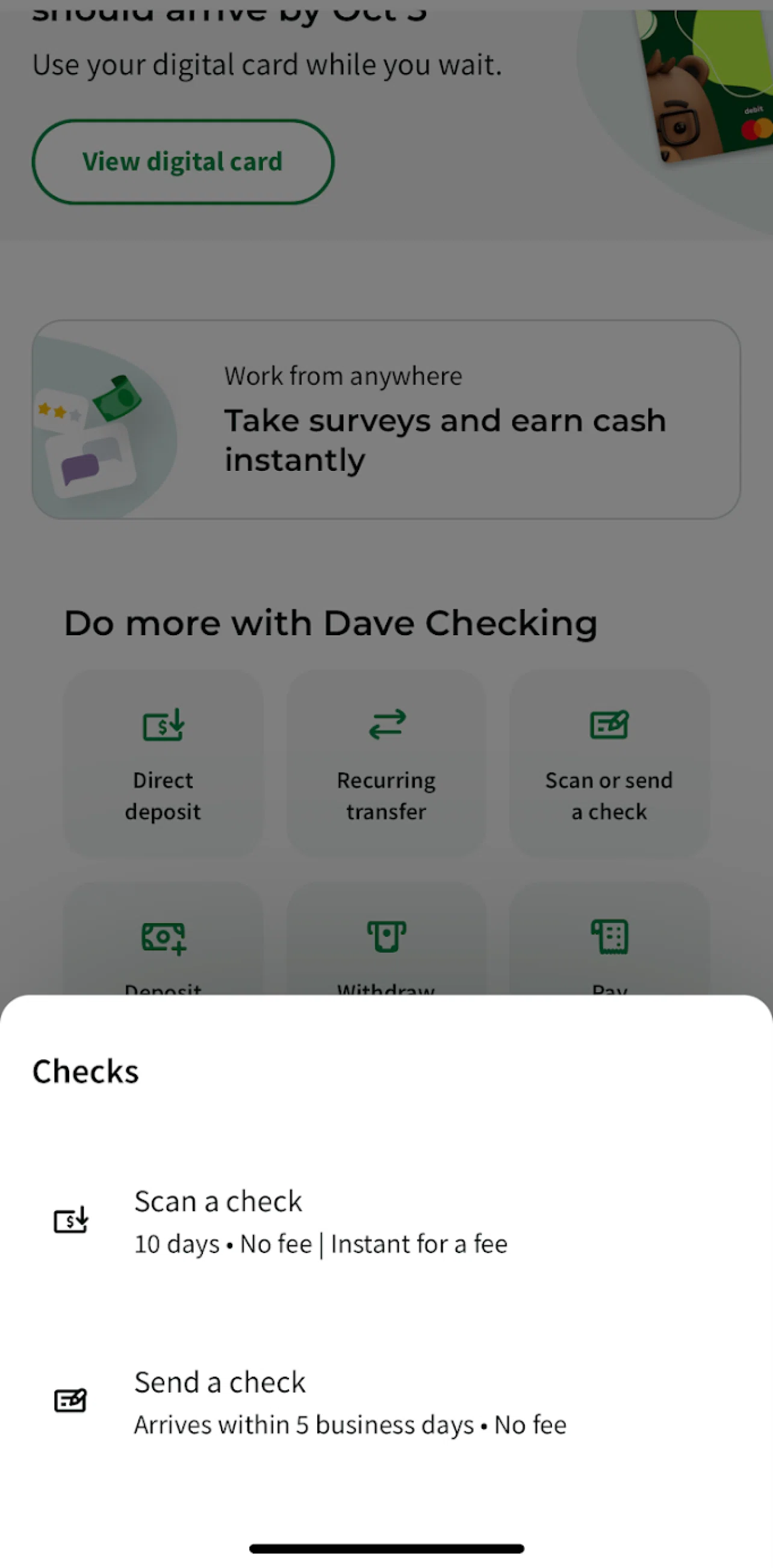 Dave Screen screen in the Scan a check flow