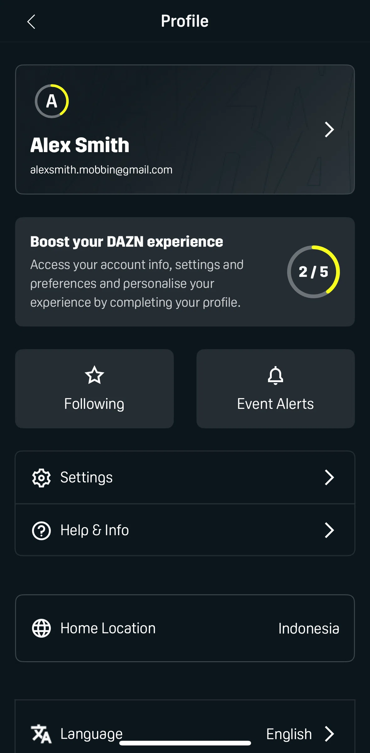DAZN Screen screen in the Completing profile flow