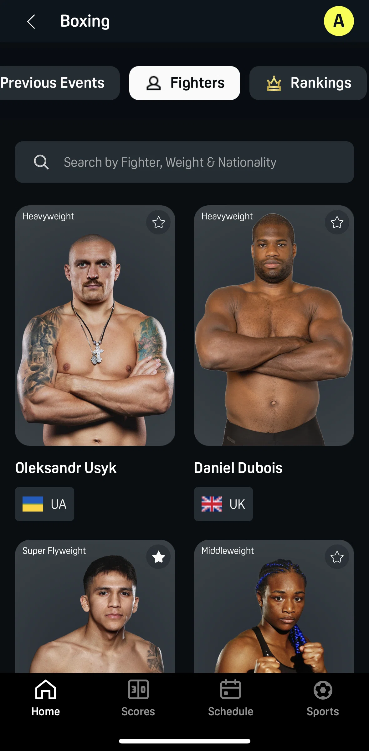 DAZN Screen screen in the Fighter profile flow