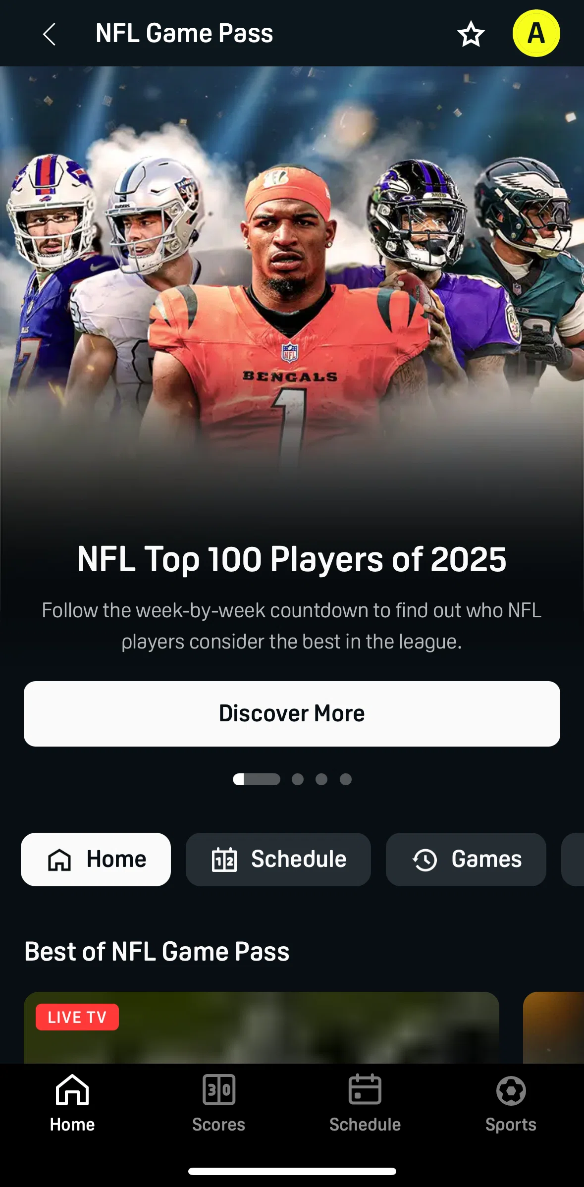 DAZN Screen screen in the NFL top 100 players flow