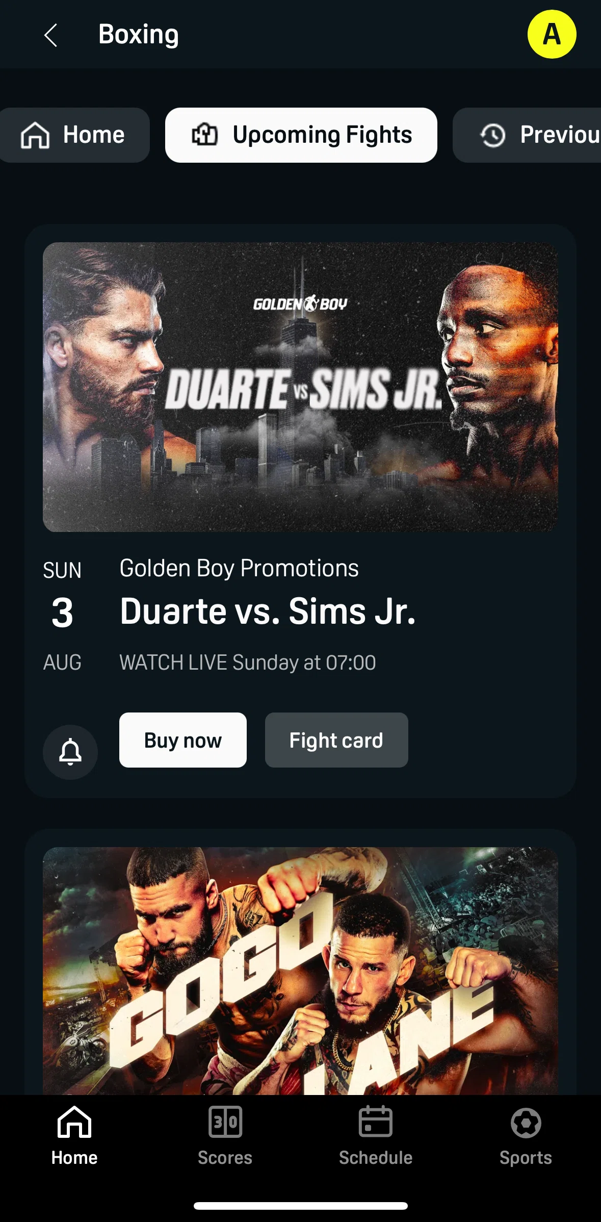 DAZN Screen screen in the Opening a fight card flow