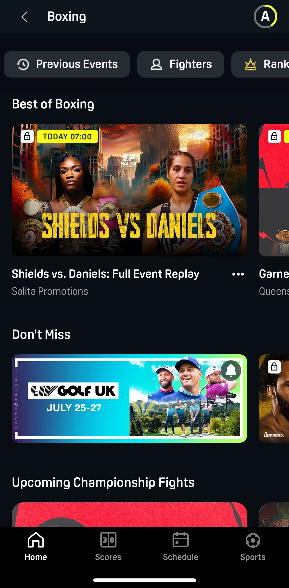 DAZN Screen screen in the Previous events flow
