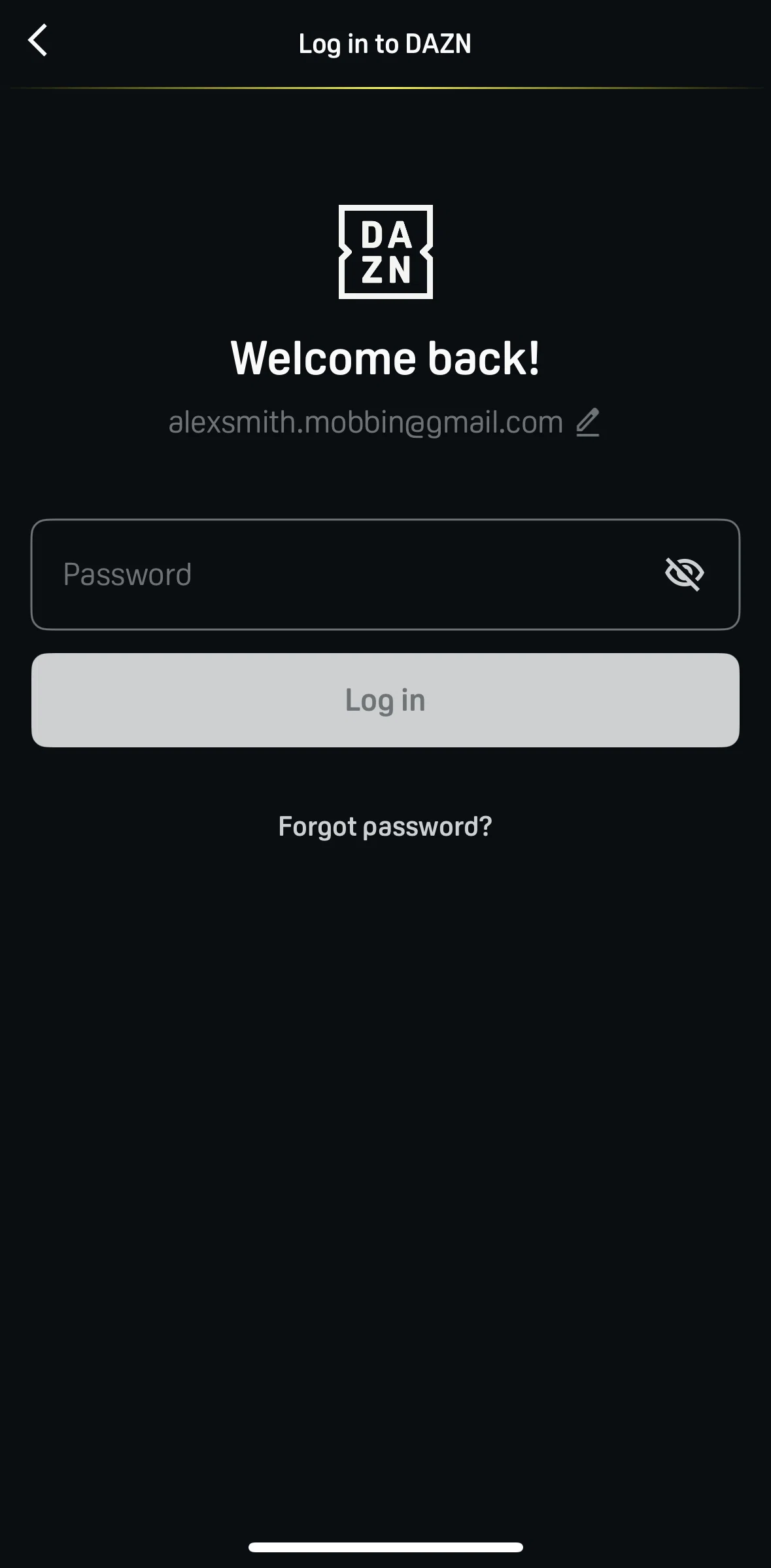 DAZN Screen screen in the Resetting password flow