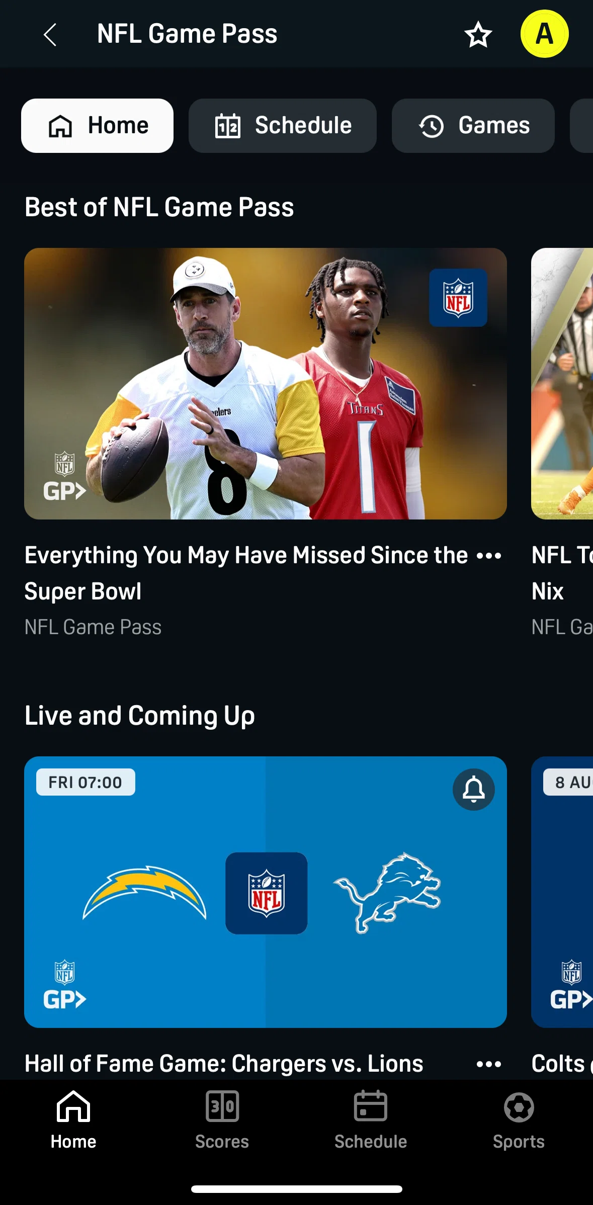 DAZN Screen screen in the Schedule (NFL Game Pass) flow
