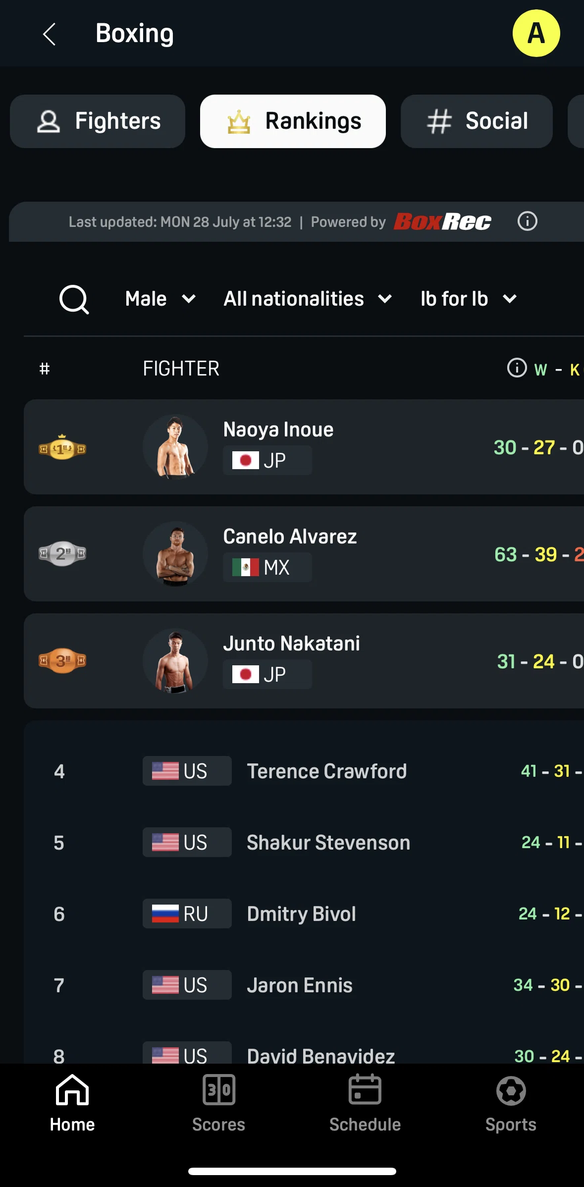 DAZN Screen screen in the Searching a fighter (ranking) flow