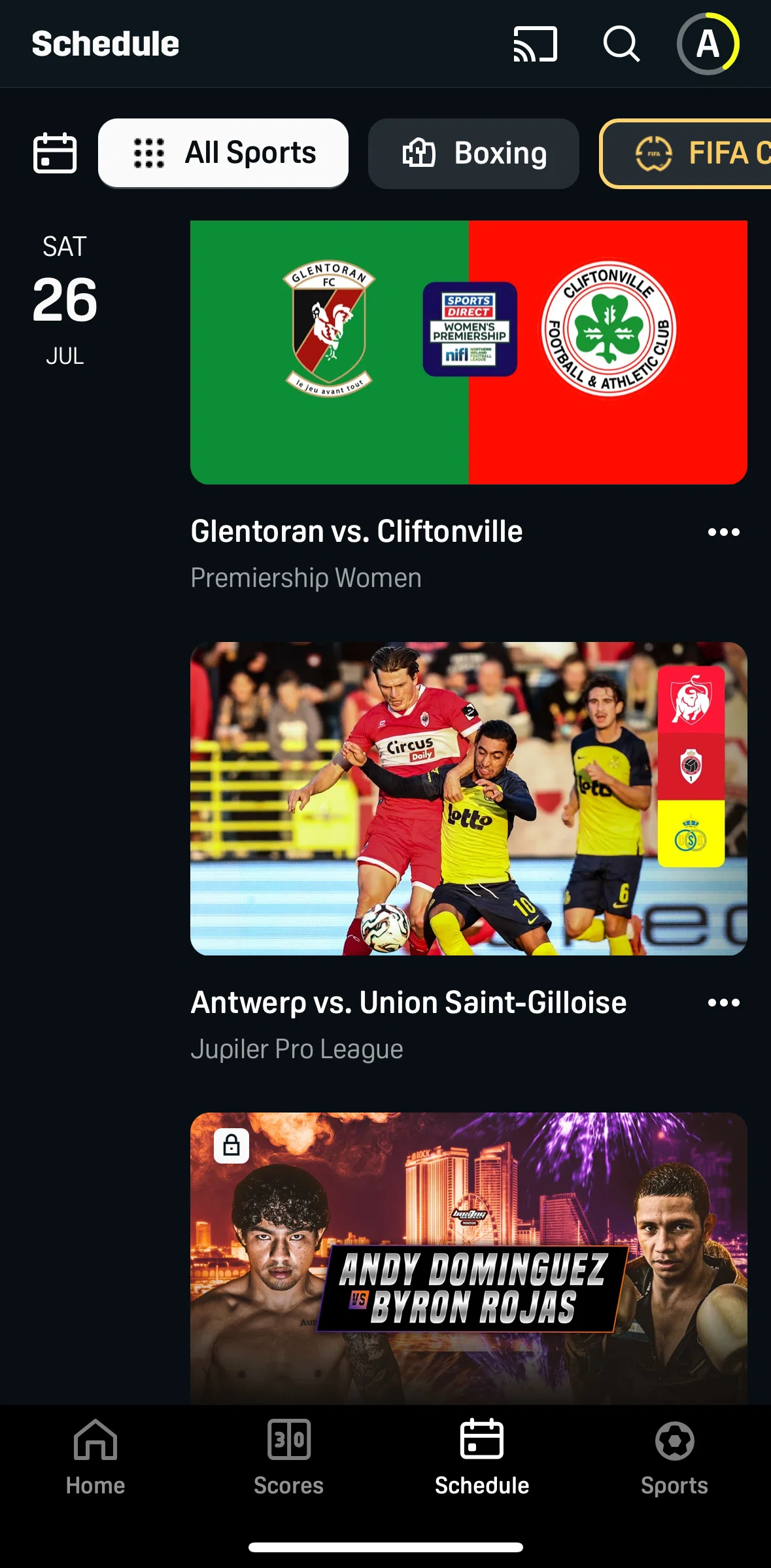 DAZN Screen screen in the Selecting a schedule flow