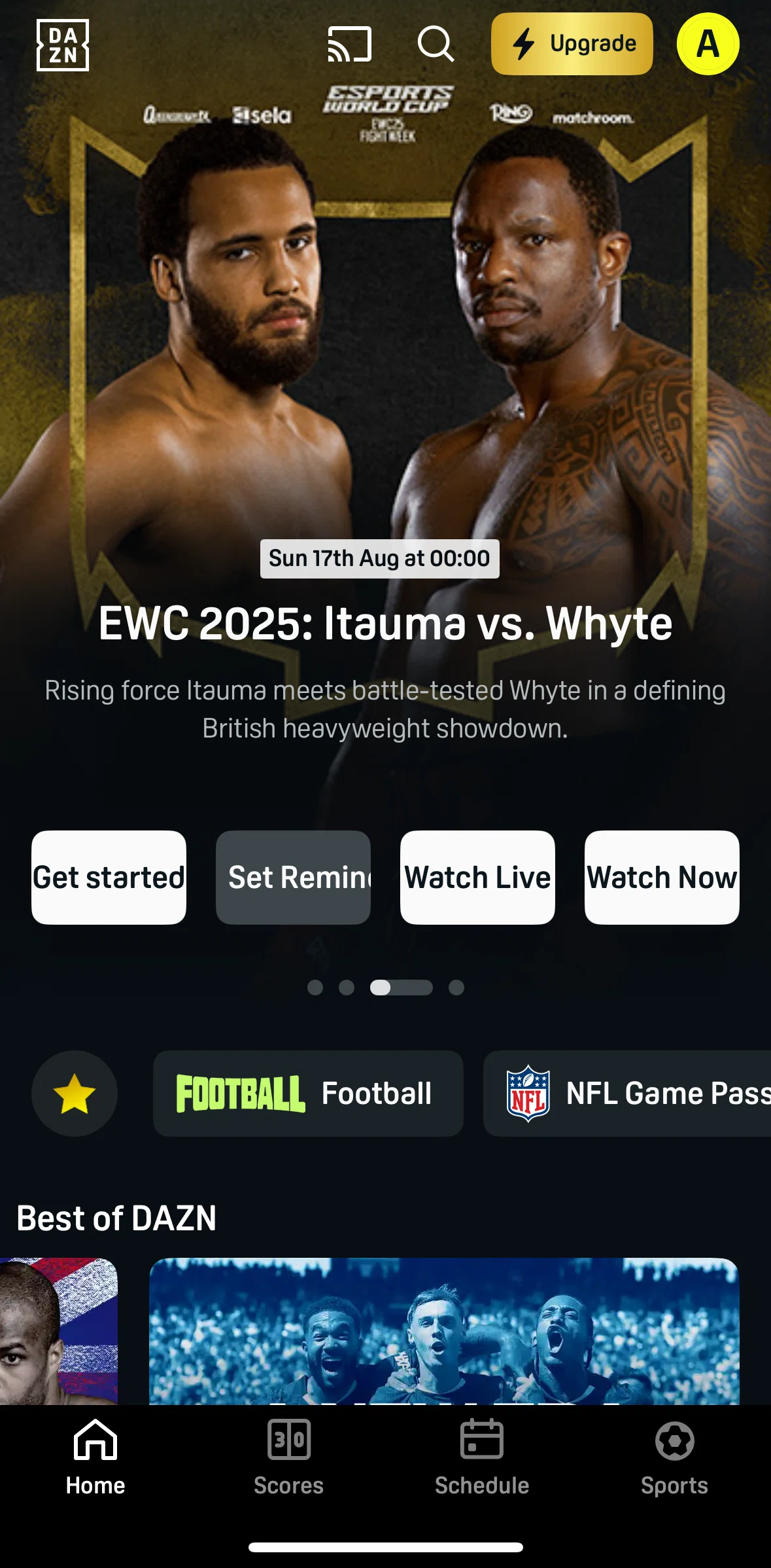 DAZN Screen screen in the Setting reminder flow