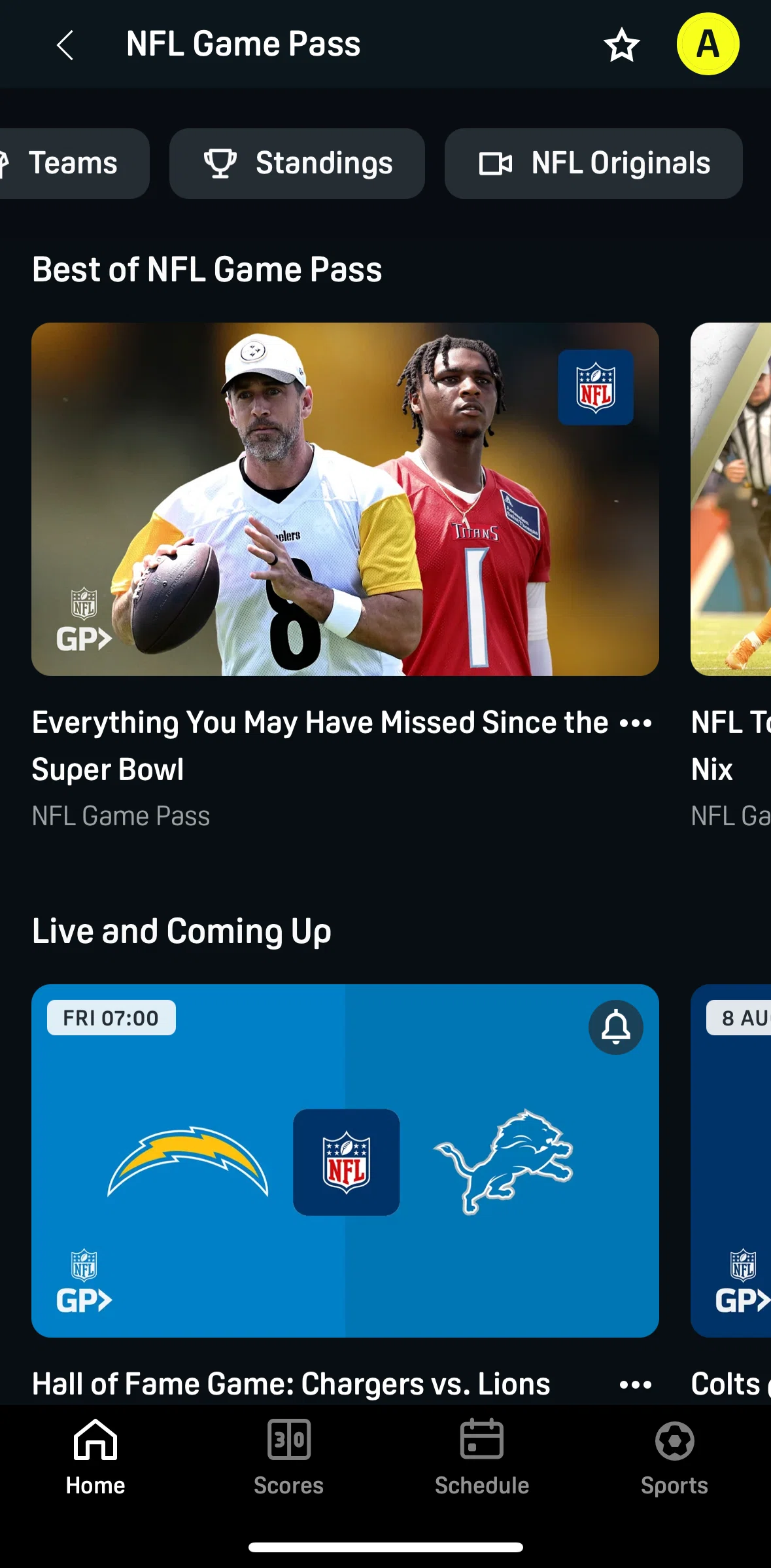 DAZN Screen screen in the Standings flow