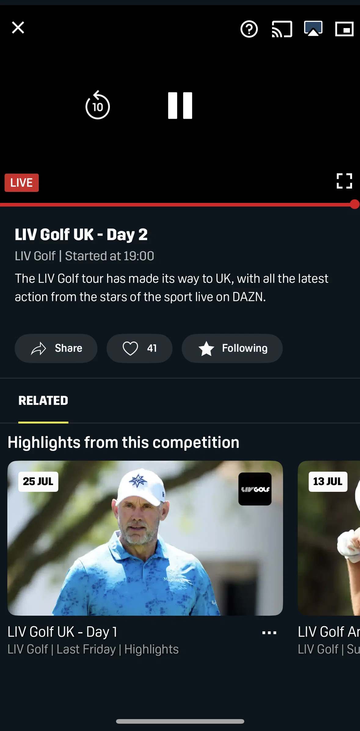 DAZN Screen screen in the Unfollowing a live flow
