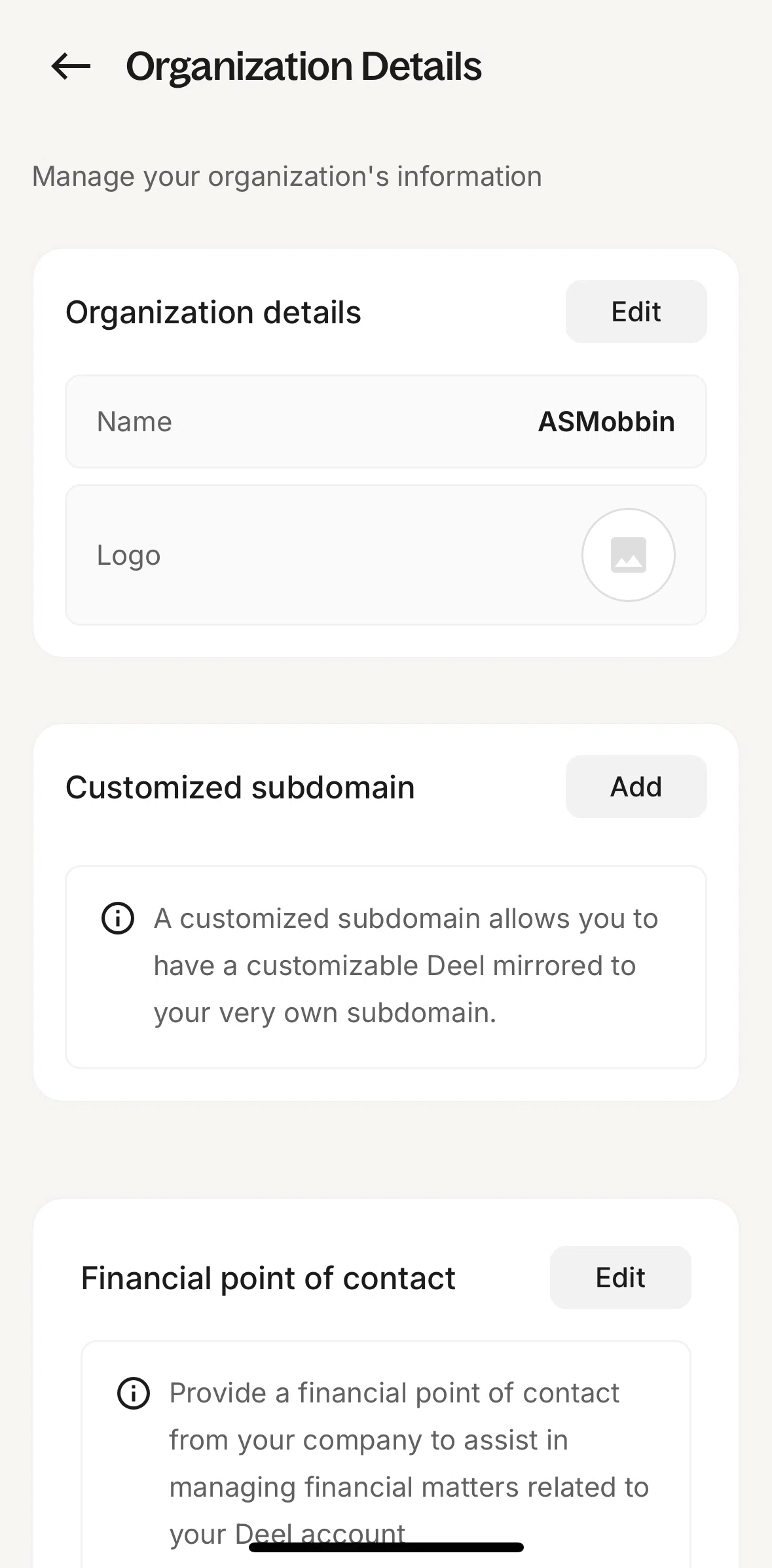 Deel Screen screen in the Adding a company logo flow