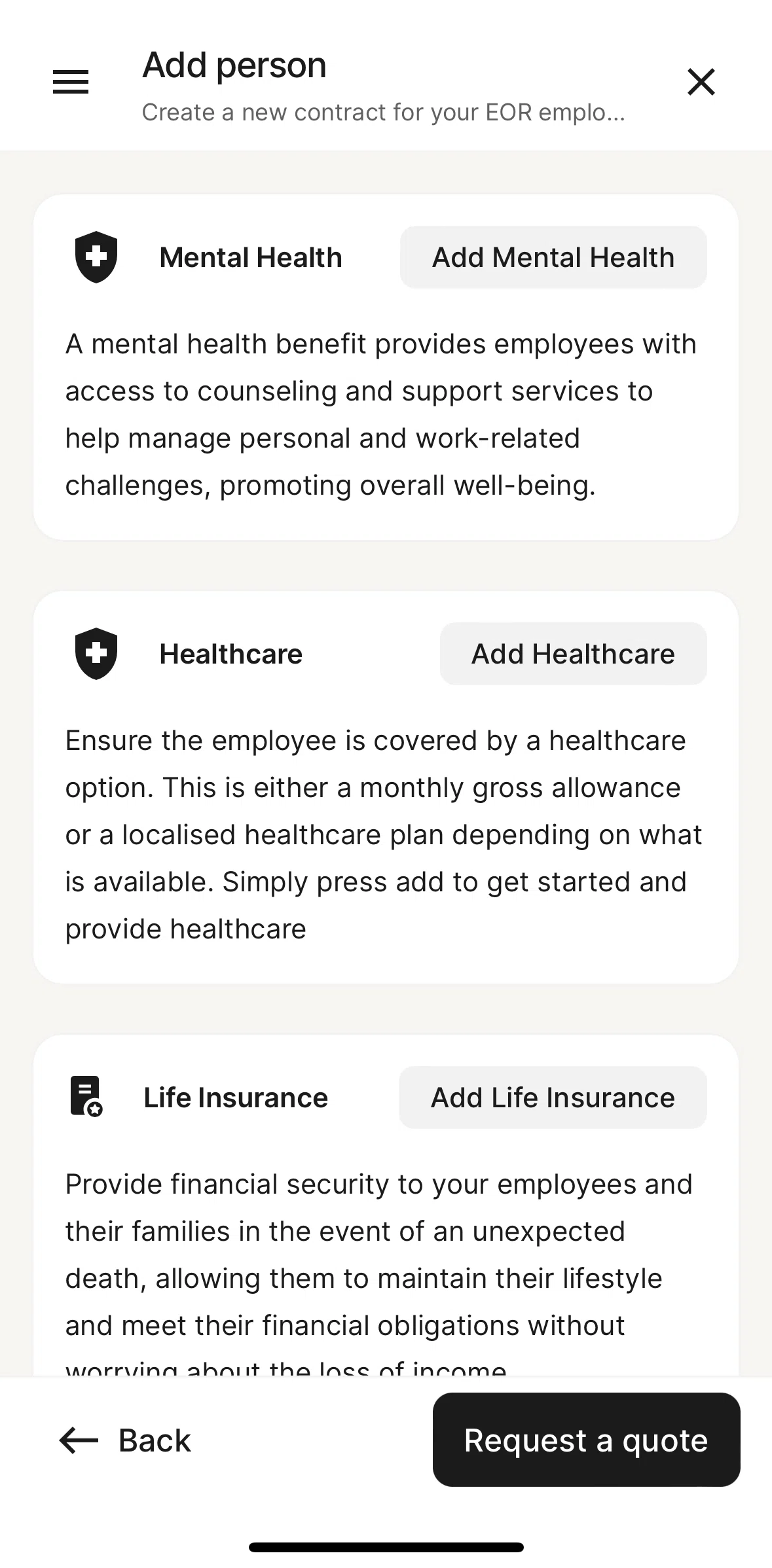 Deel Screen screen in the Adding benefit (healthcare) flow
