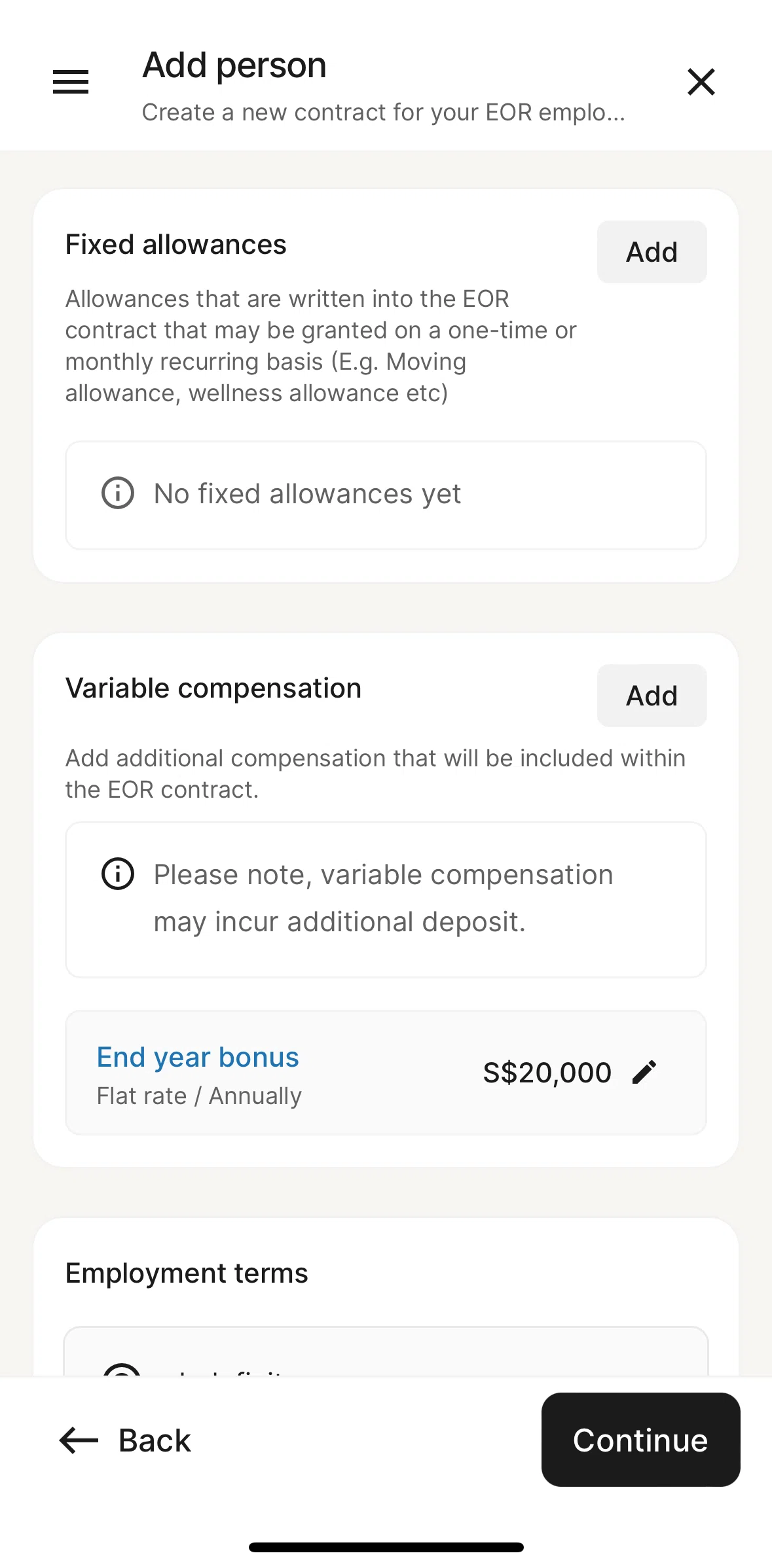 Deel Screen screen in the Adding compensation flow