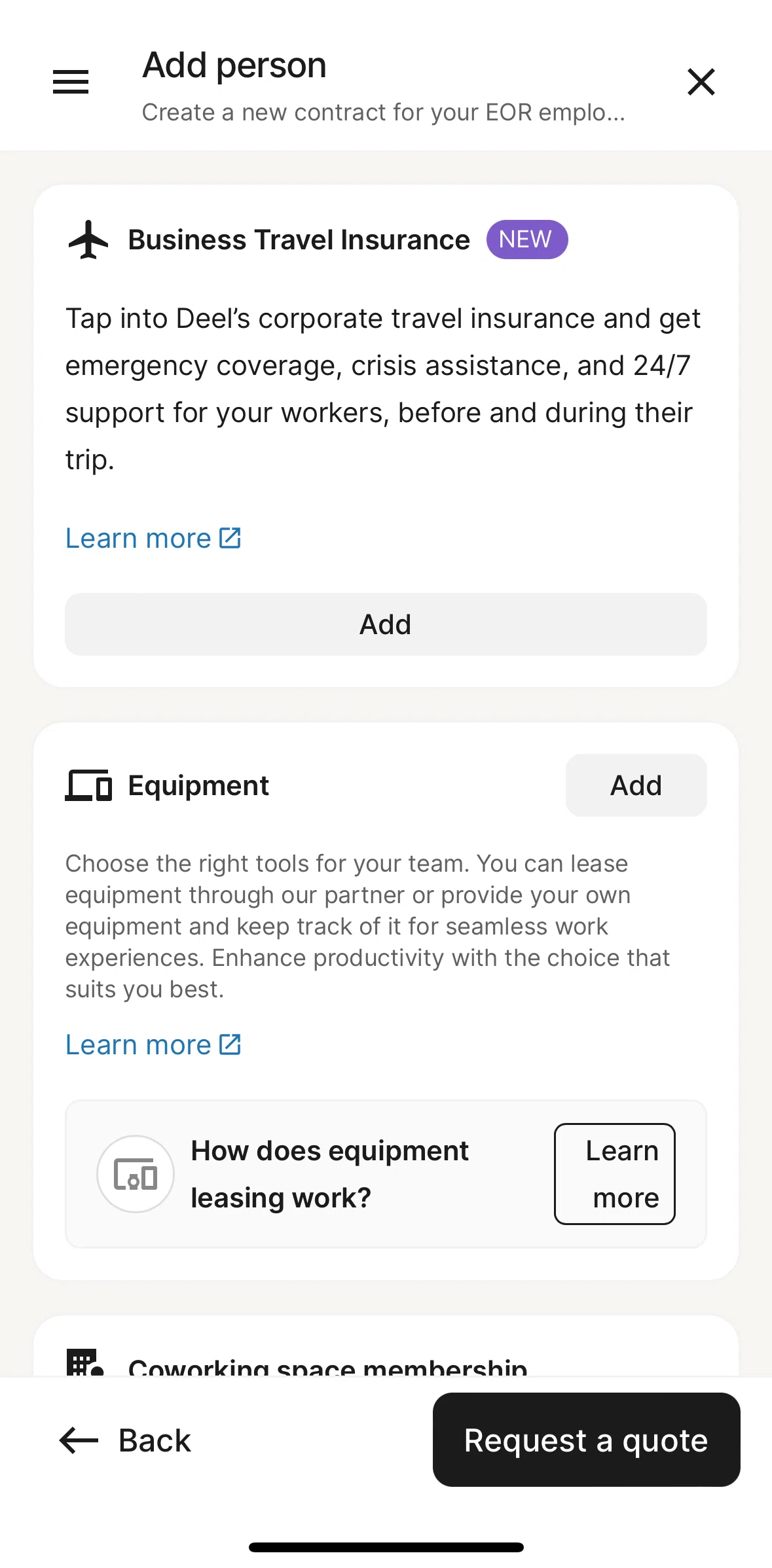 Deel Screen screen in the Adding equipment flow
