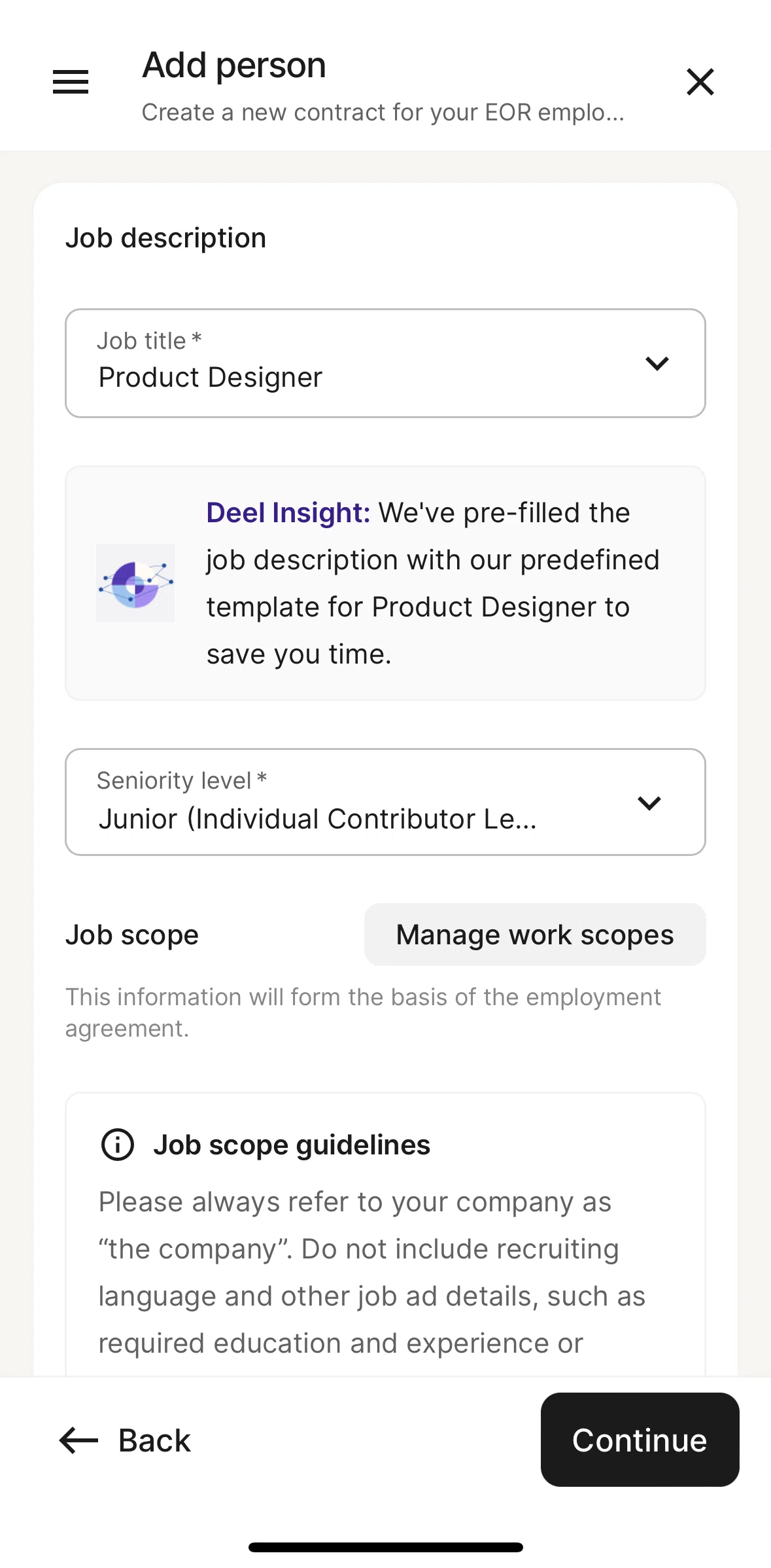 Deel Screen screen in the Adding job scope flow