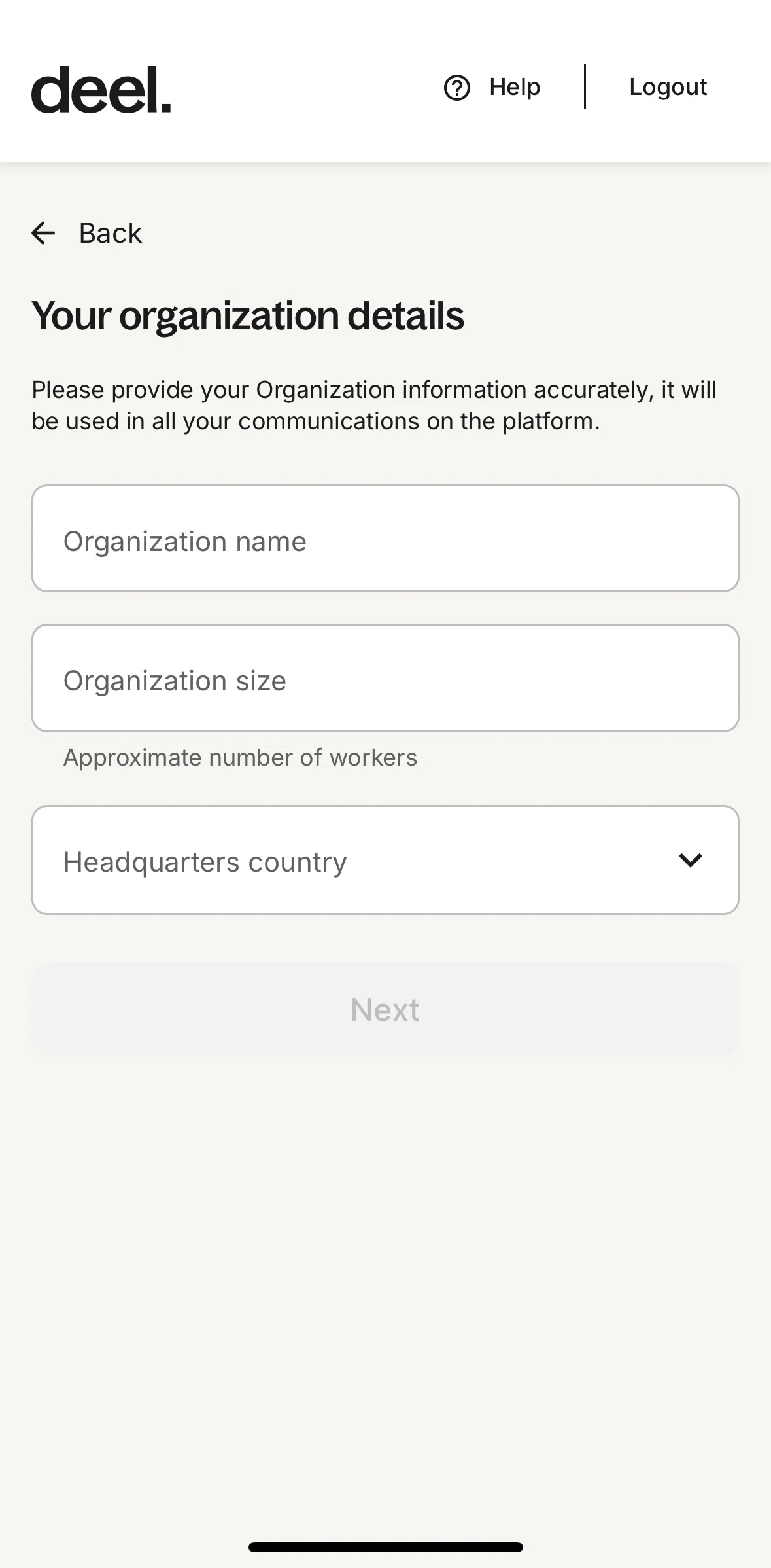Deel Screen screen in the Adding organization details flow