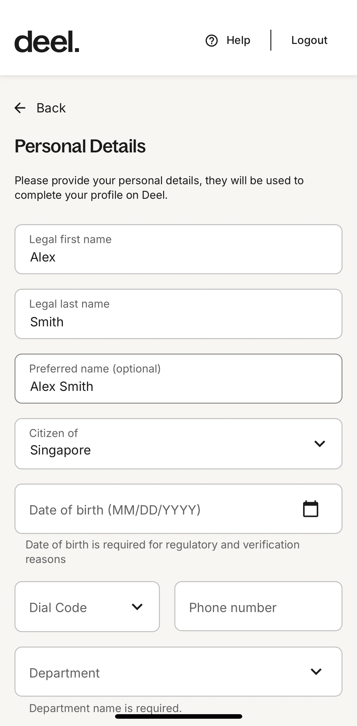 Deel Screen screen in the Adding personal details flow