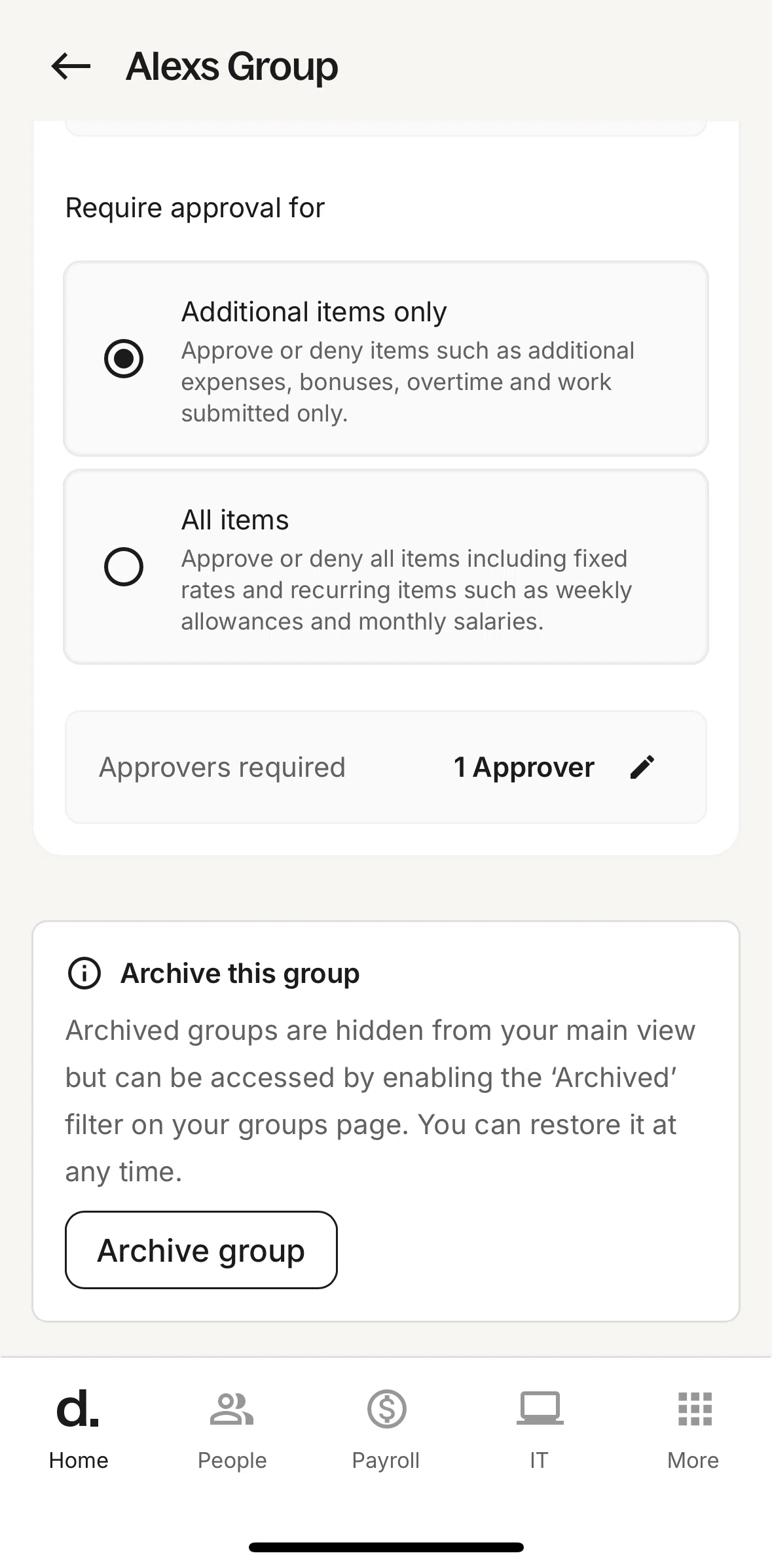 Deel Screen screen in the Archiving a group flow