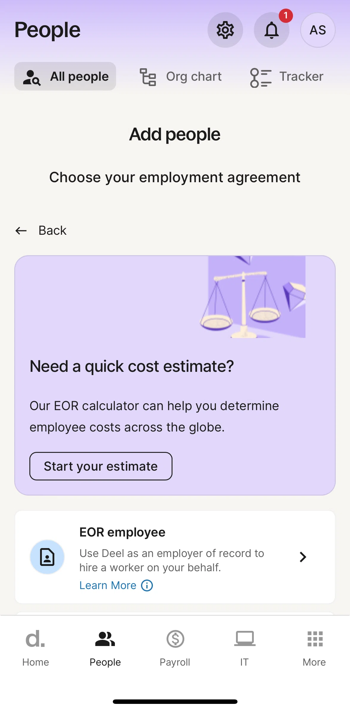 Deel Screen screen in the Calculating estimation cost flow