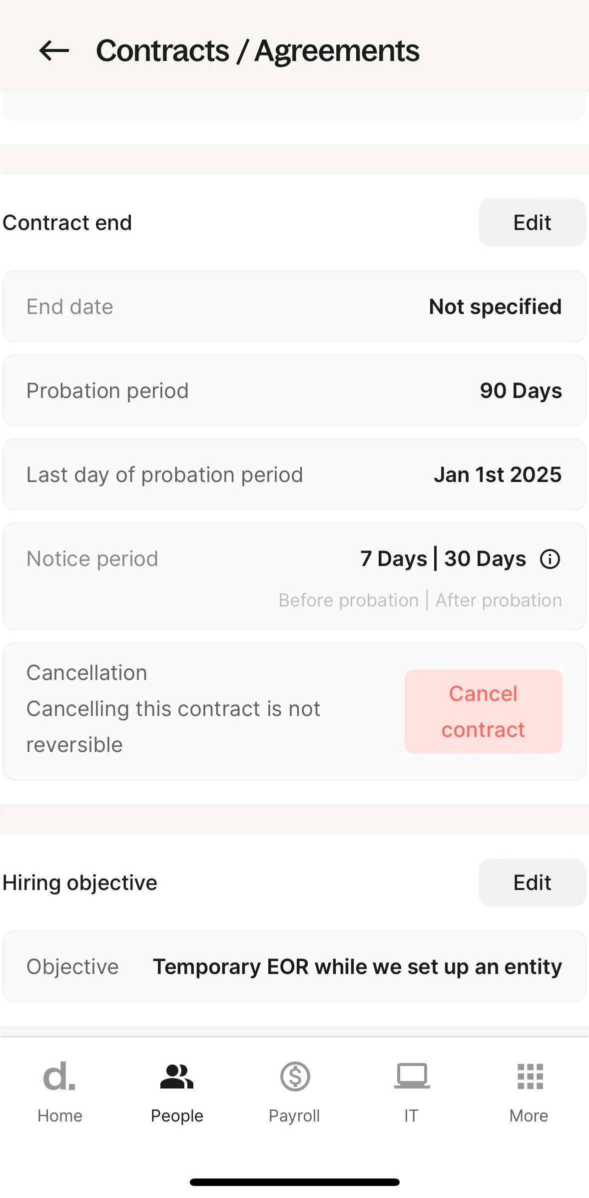 Deel Screen screen in the Cancel contract flow