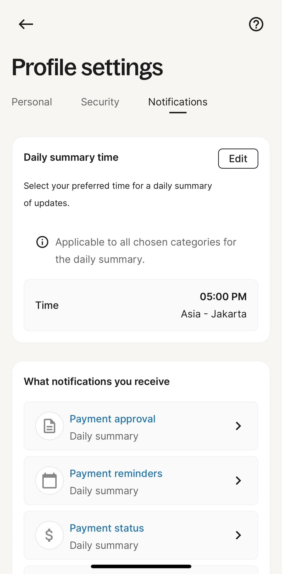 Deel Screen screen in the Changing time for daily summary update flow