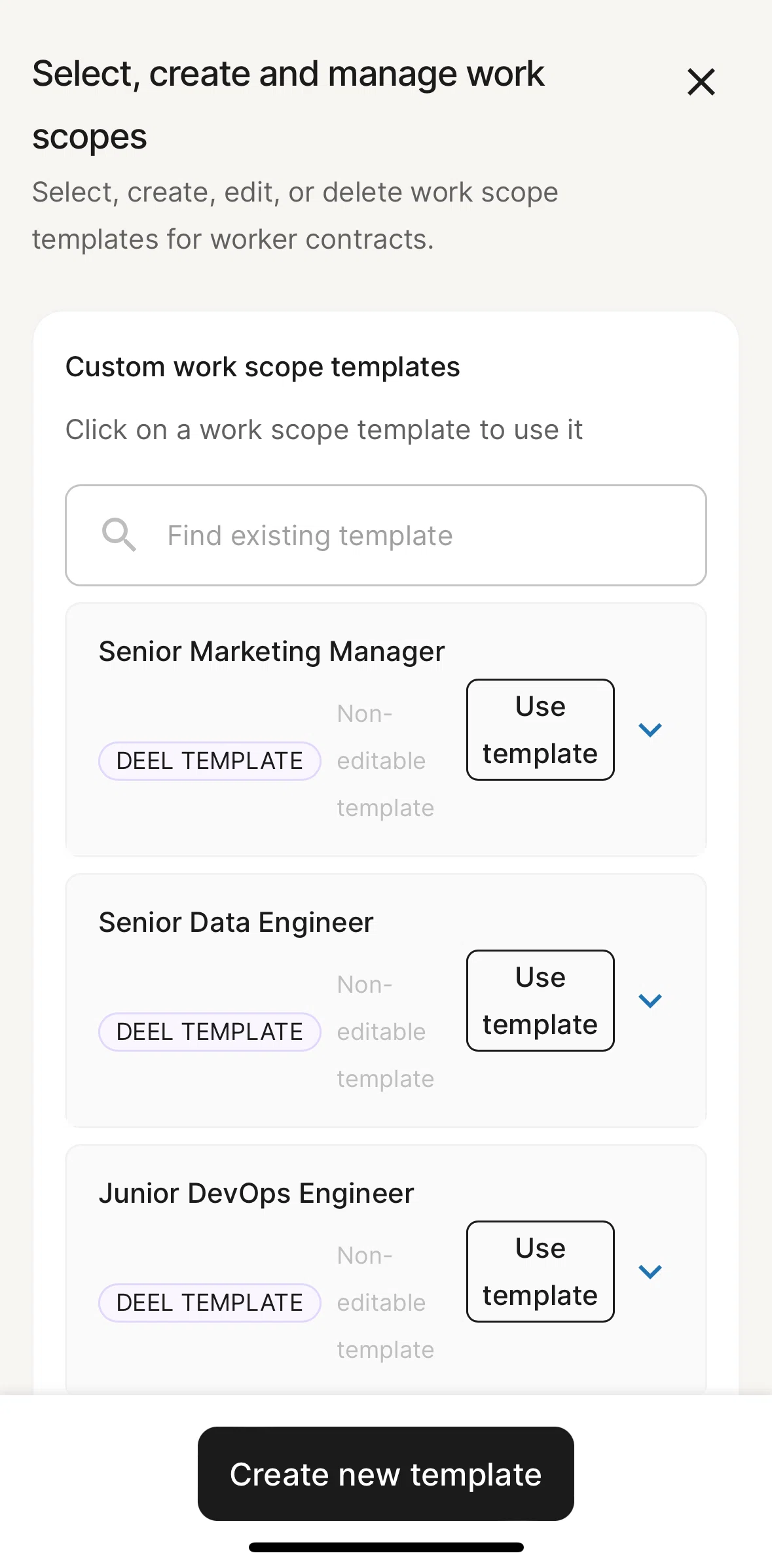 Deel Screen screen in the Creating a new job scope template flow