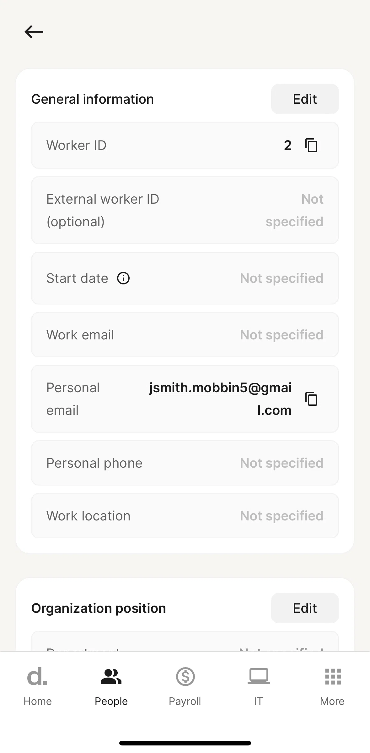 Deel Screen screen in the Editing worker information flow