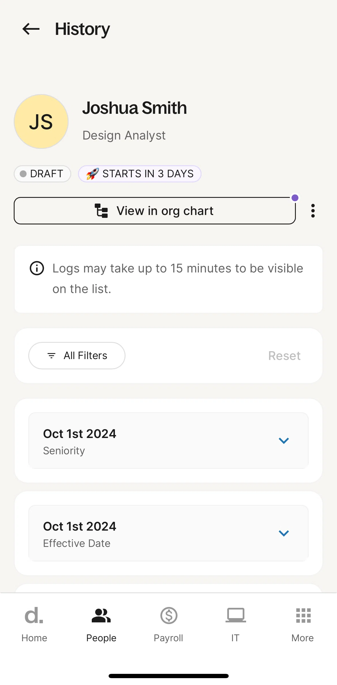 Deel Screen screen in the Filtering history flow
