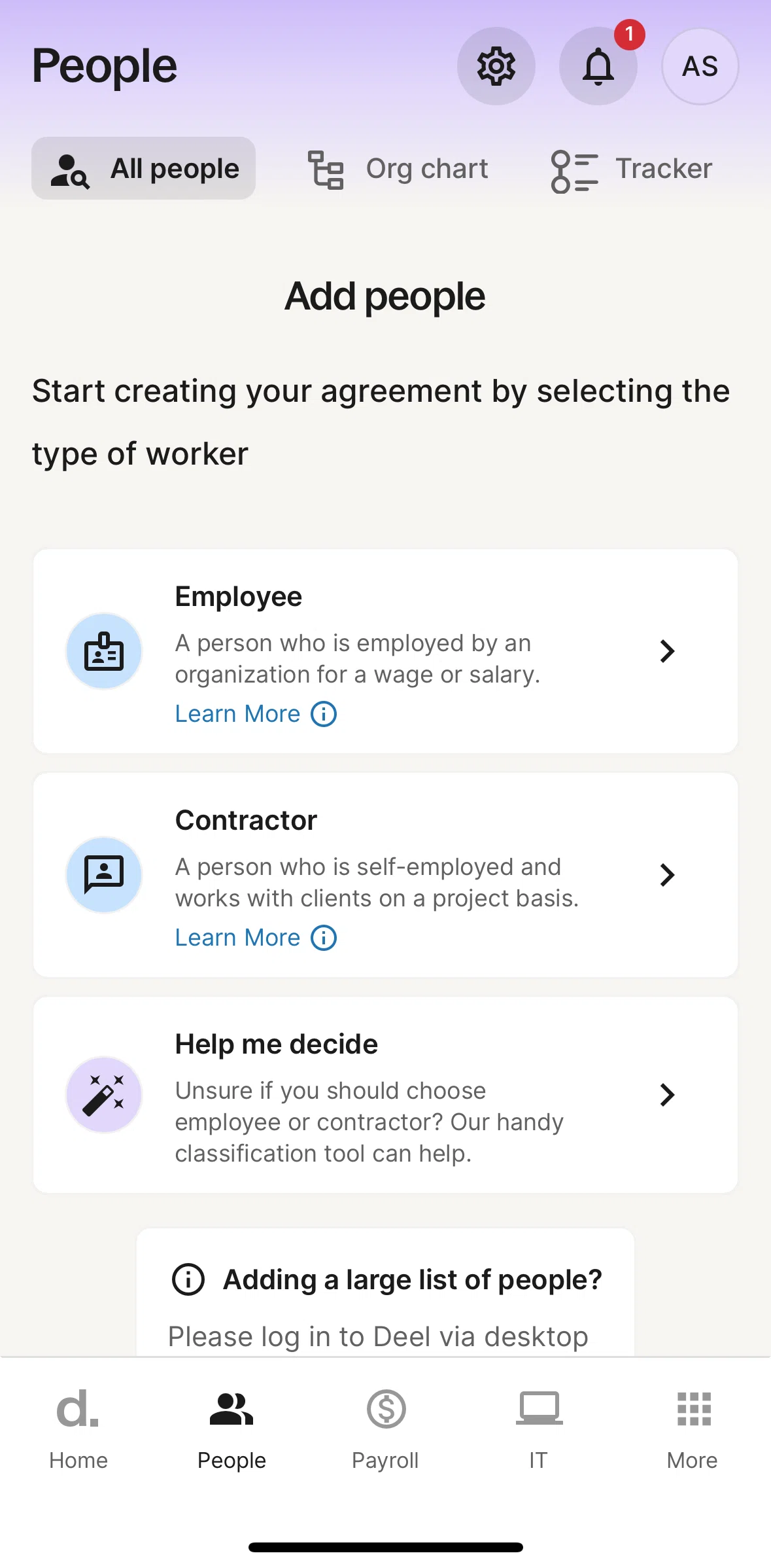 Deel Screen screen in the Getting an agreement type suggestion flow