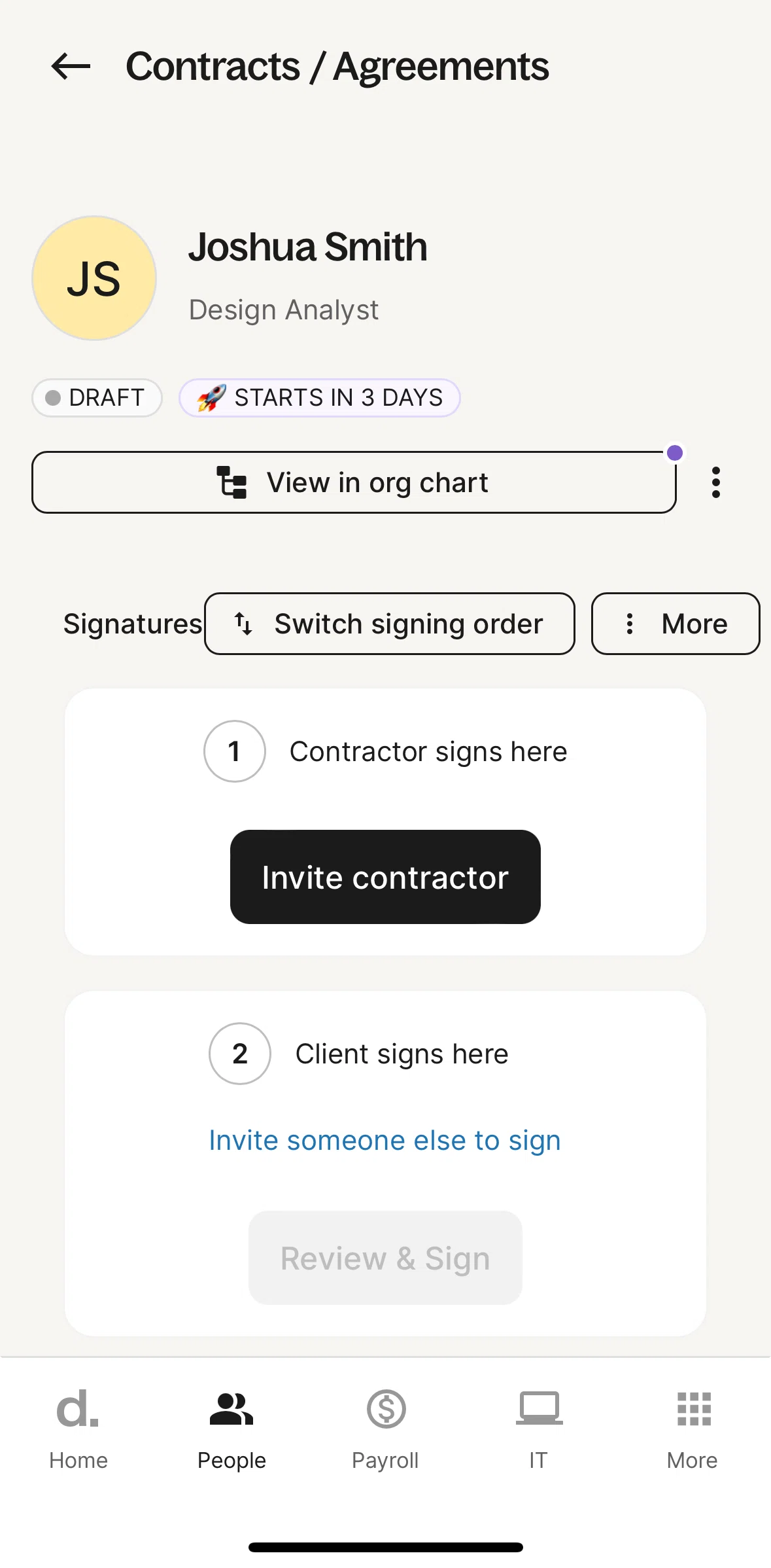 Deel Screen screen in the Inviting contractor to sign flow