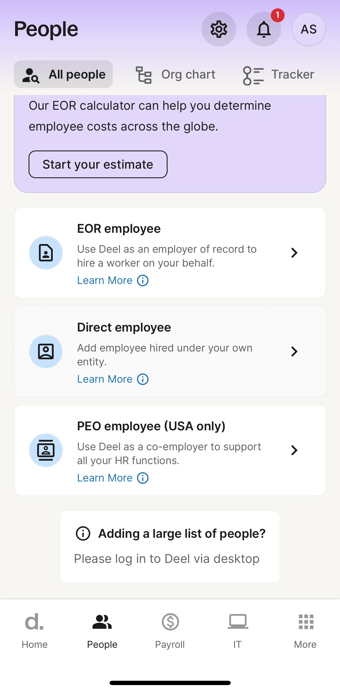 Deel Screen screen in the Learn more (about employee type) flow