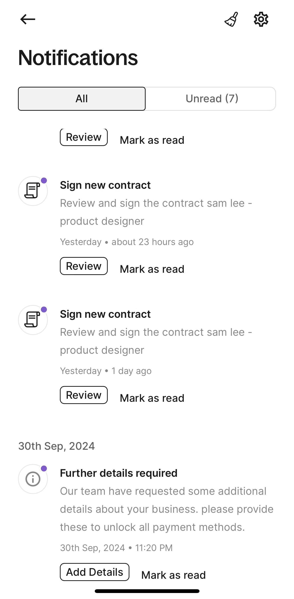 Deel Screen screen in the Marking all notifications as read flow