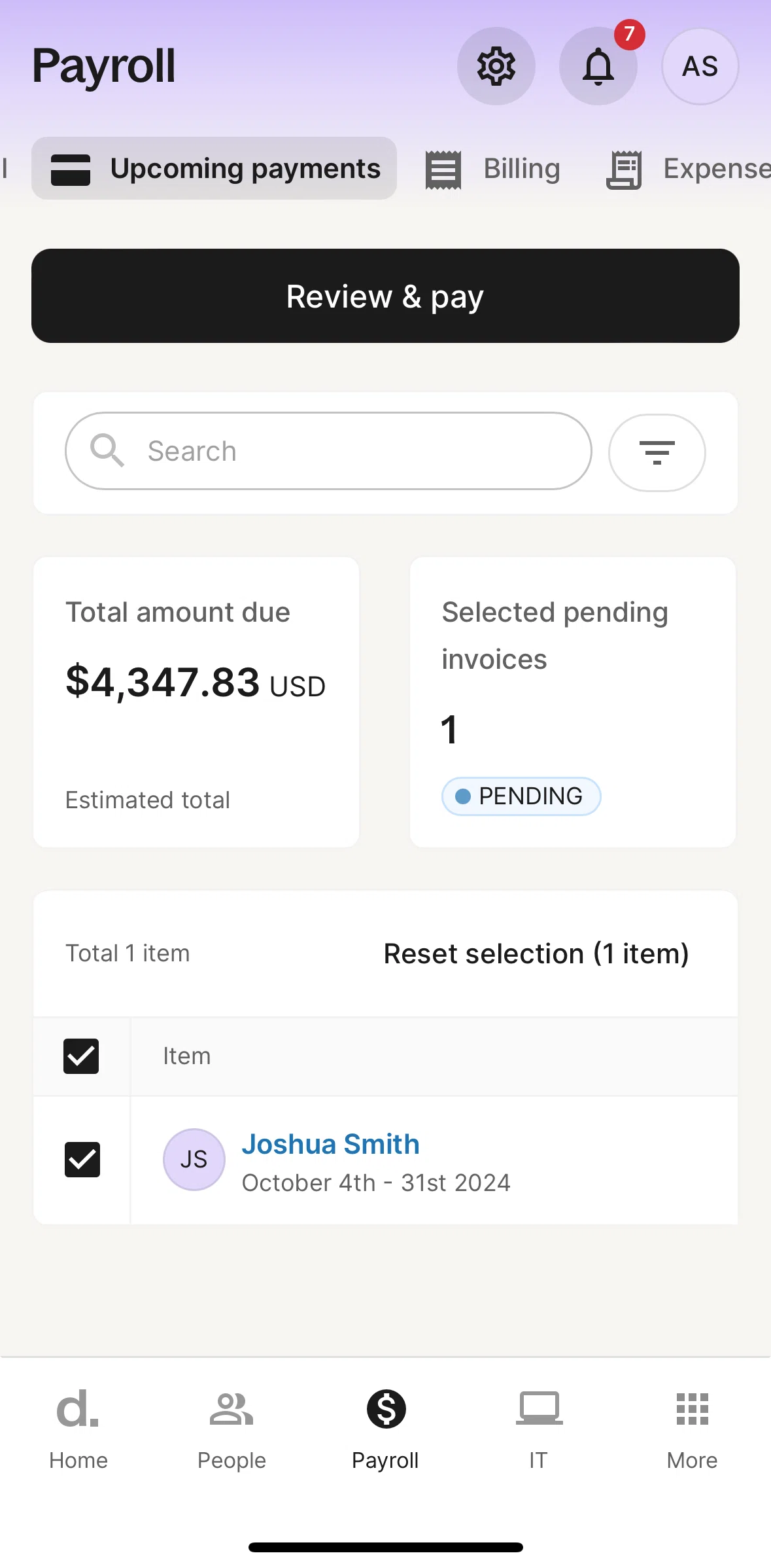 Deel Screen screen in the Pay a worker flow