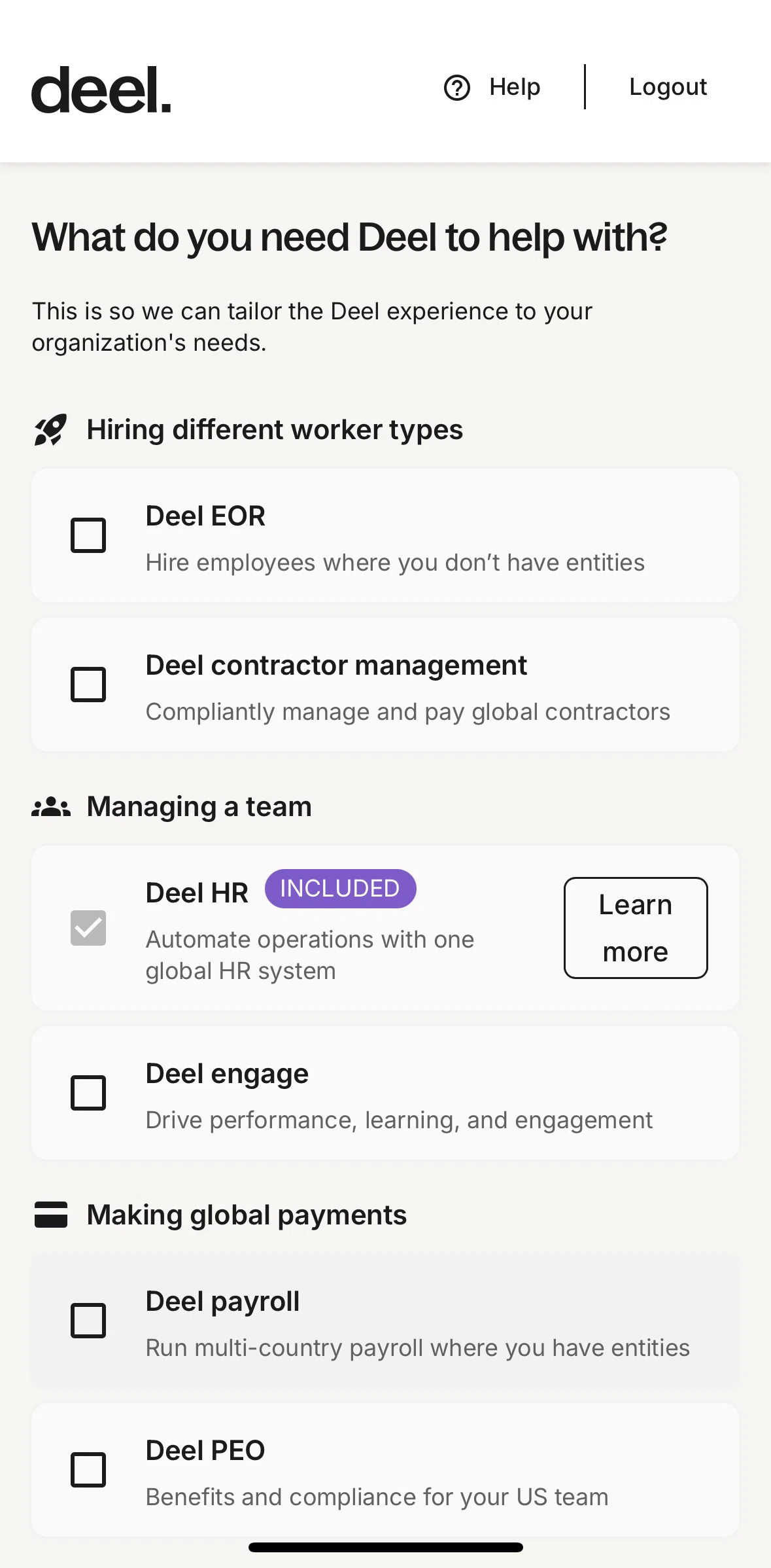 Deel Screen screen in the Selecting applicable products flow
