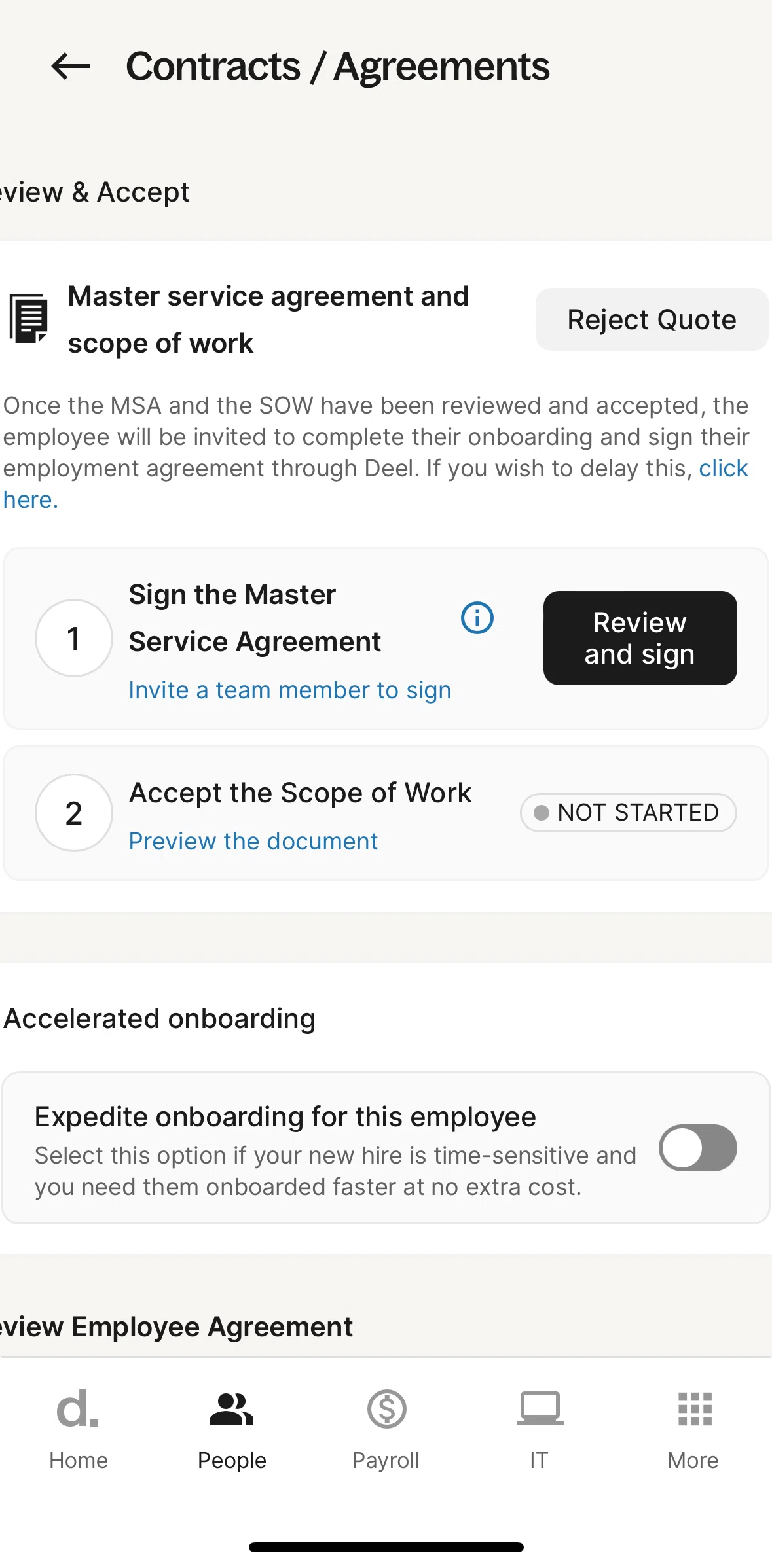 Deel Screen screen in the Sign a document (MSA) flow