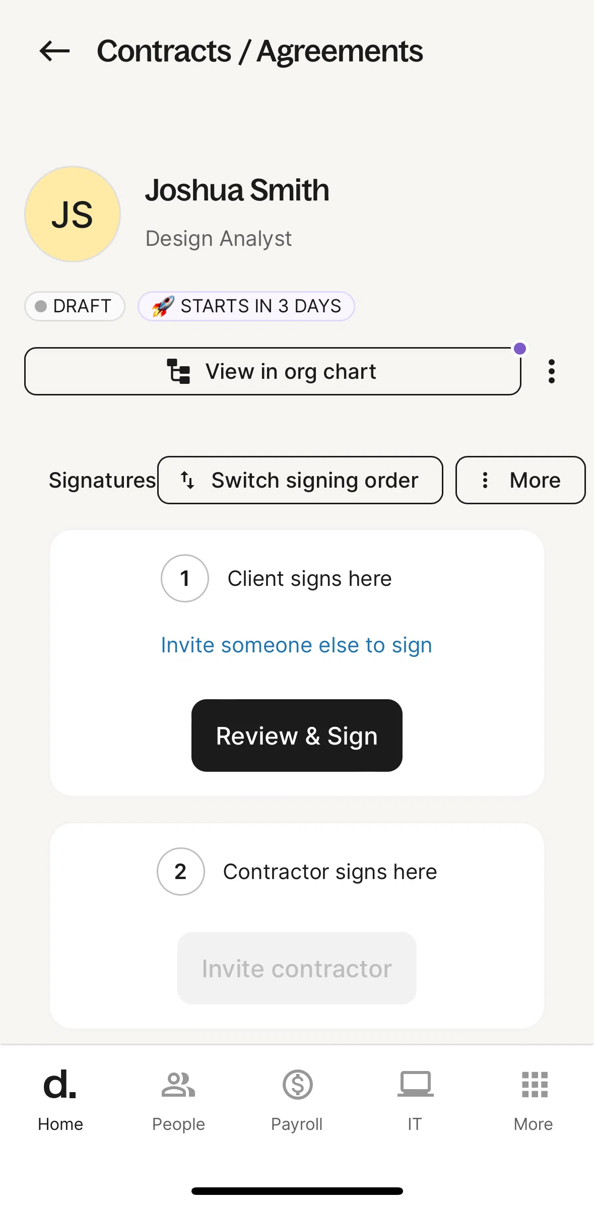 Deel Screen screen in the Switching signing order flow