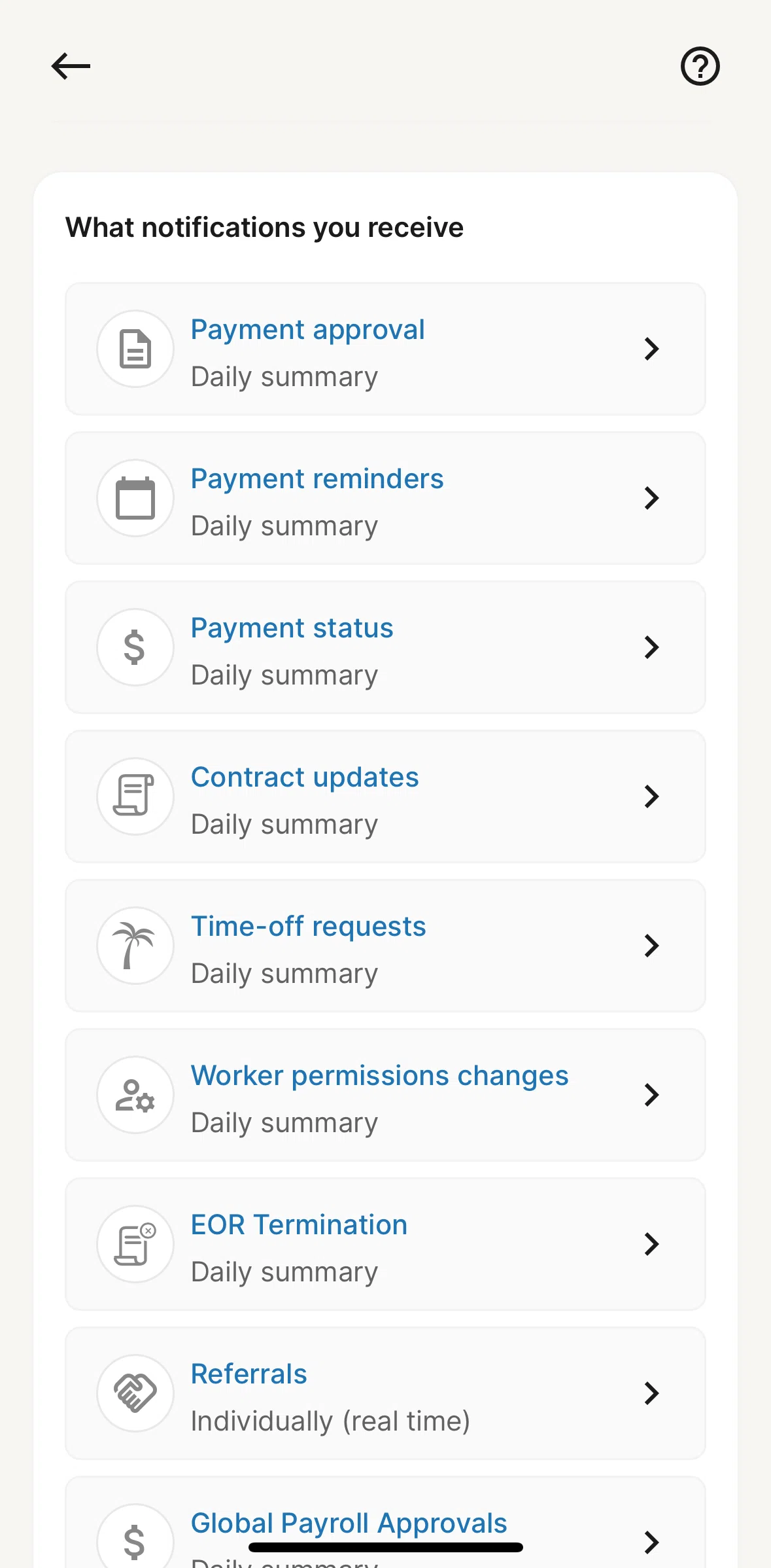 Deel Screen screen in the Updating notifications settings flow