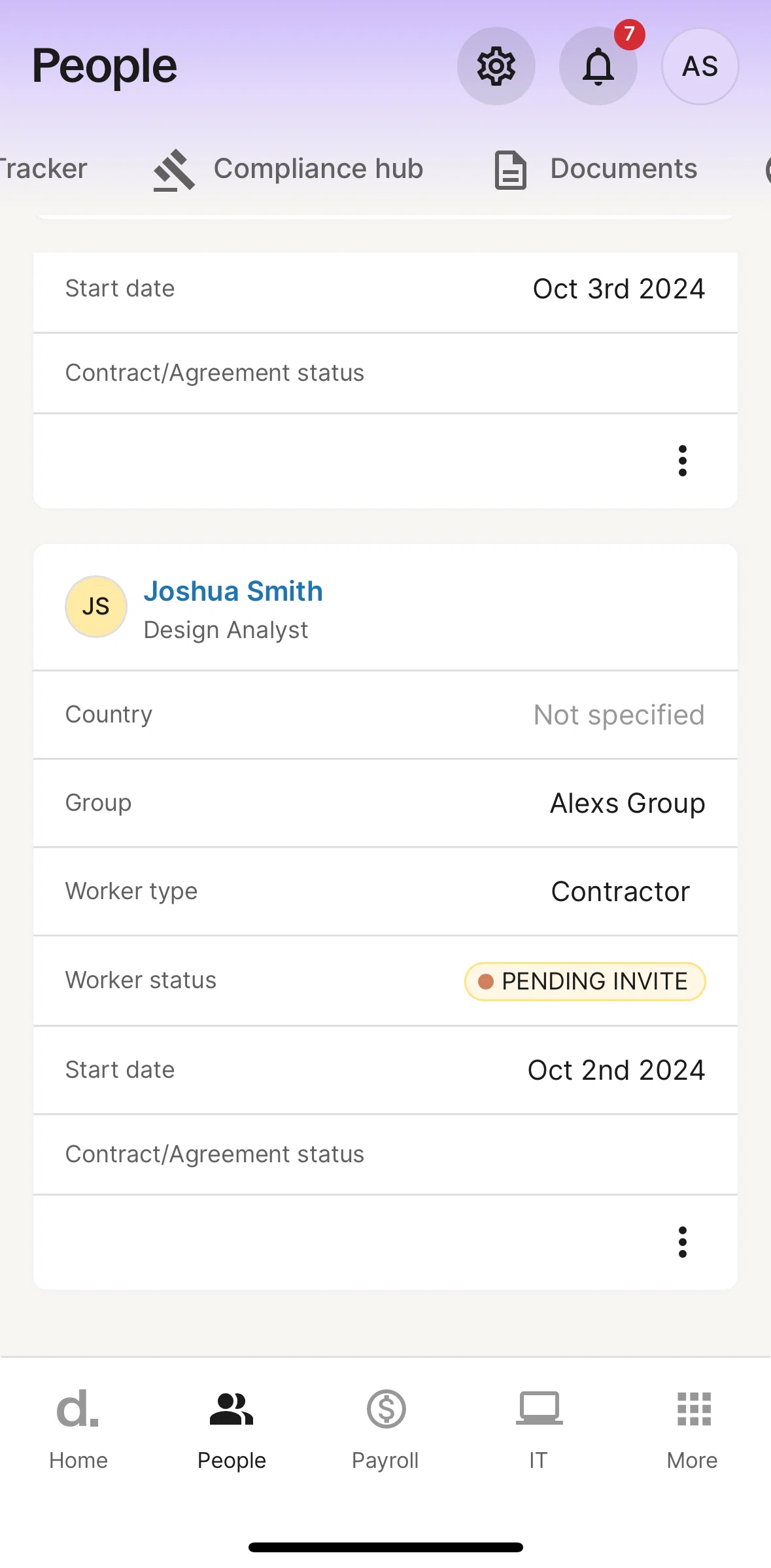 Deel Screen screen in the Worker detail (contractor) flow