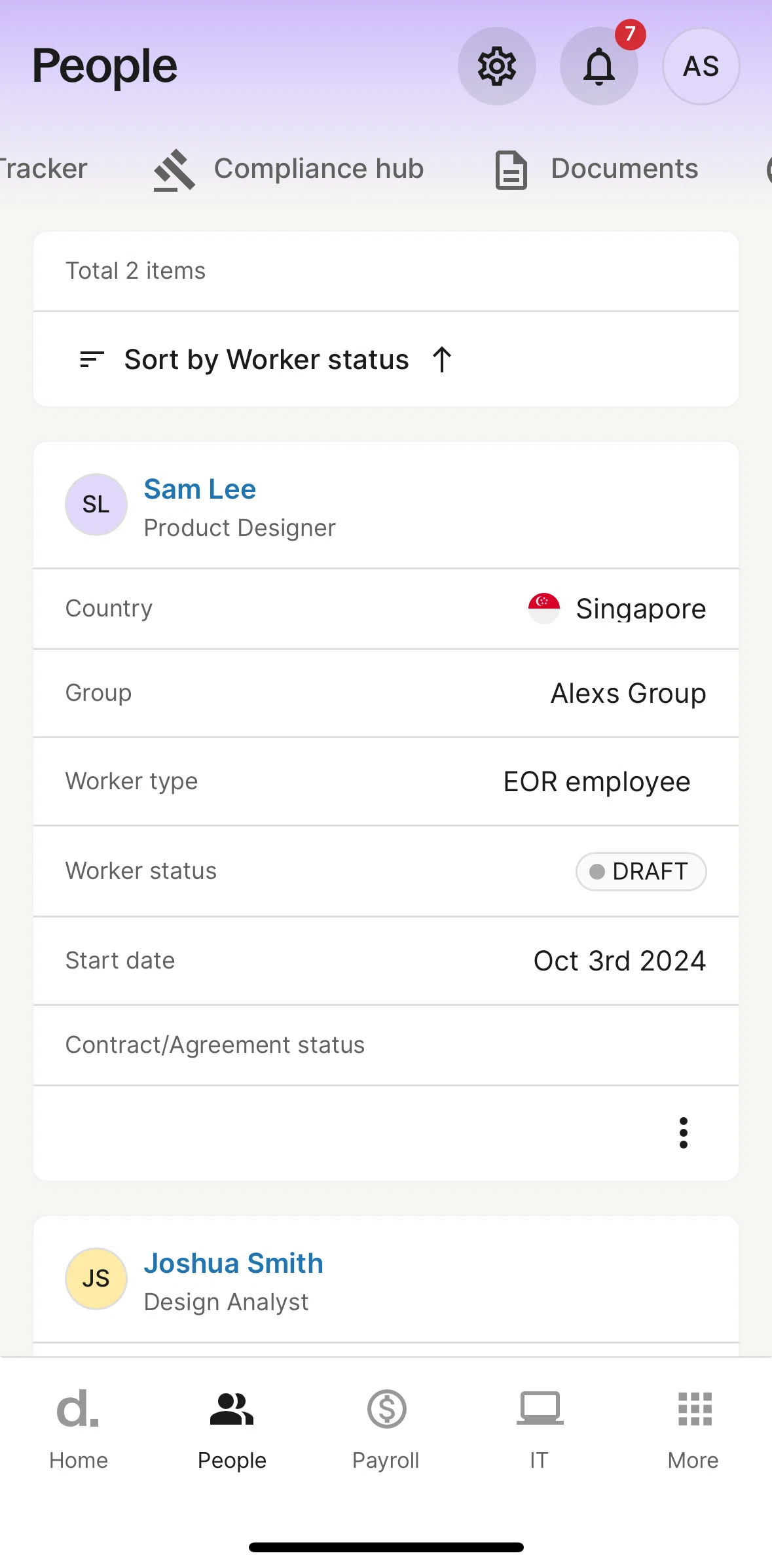 Deel Screen screen in the Worker detail (employee) flow
