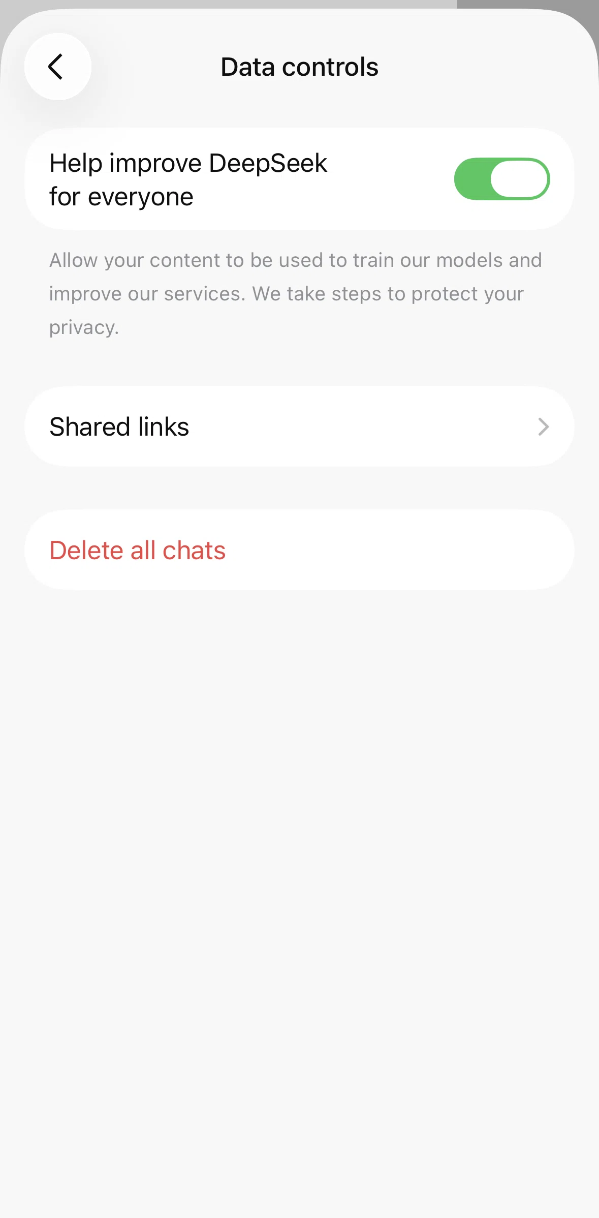 DeepSeek Screen screen in the Deleting all chats flow