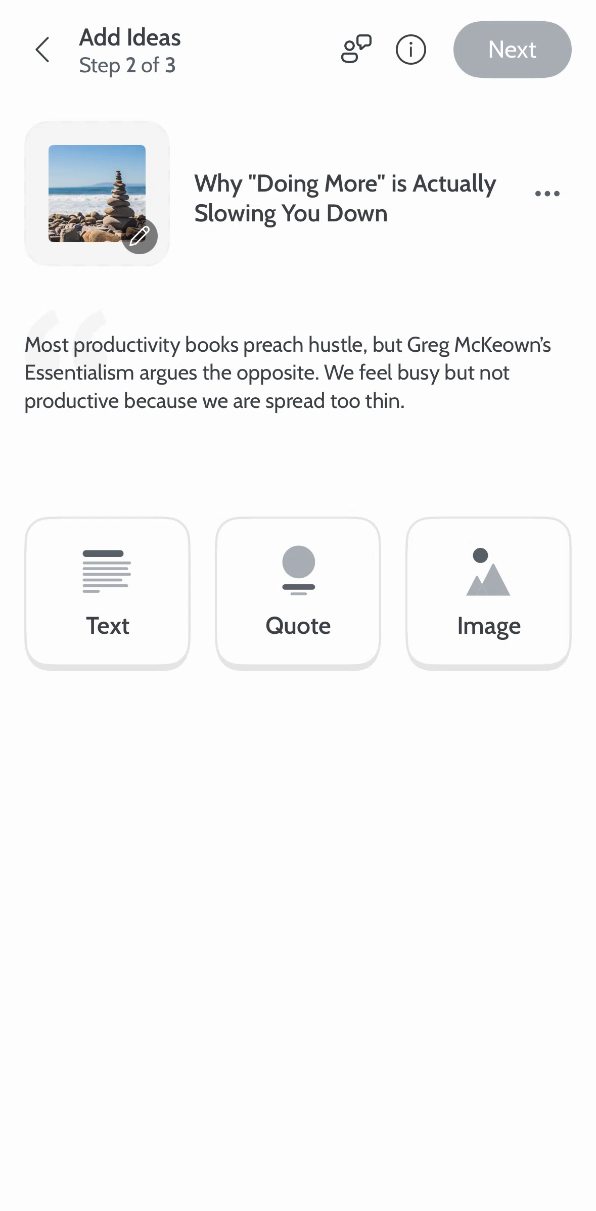 Deepstash Screen screen in the Adding a text flow