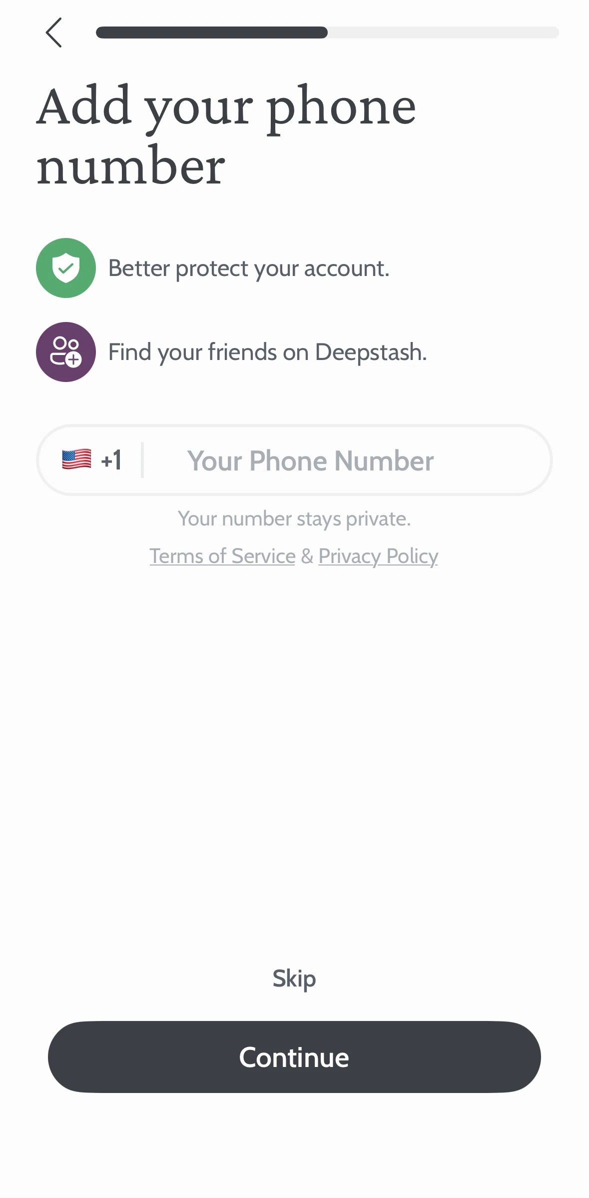 Deepstash Screen screen in the Choosing a country phone number flow